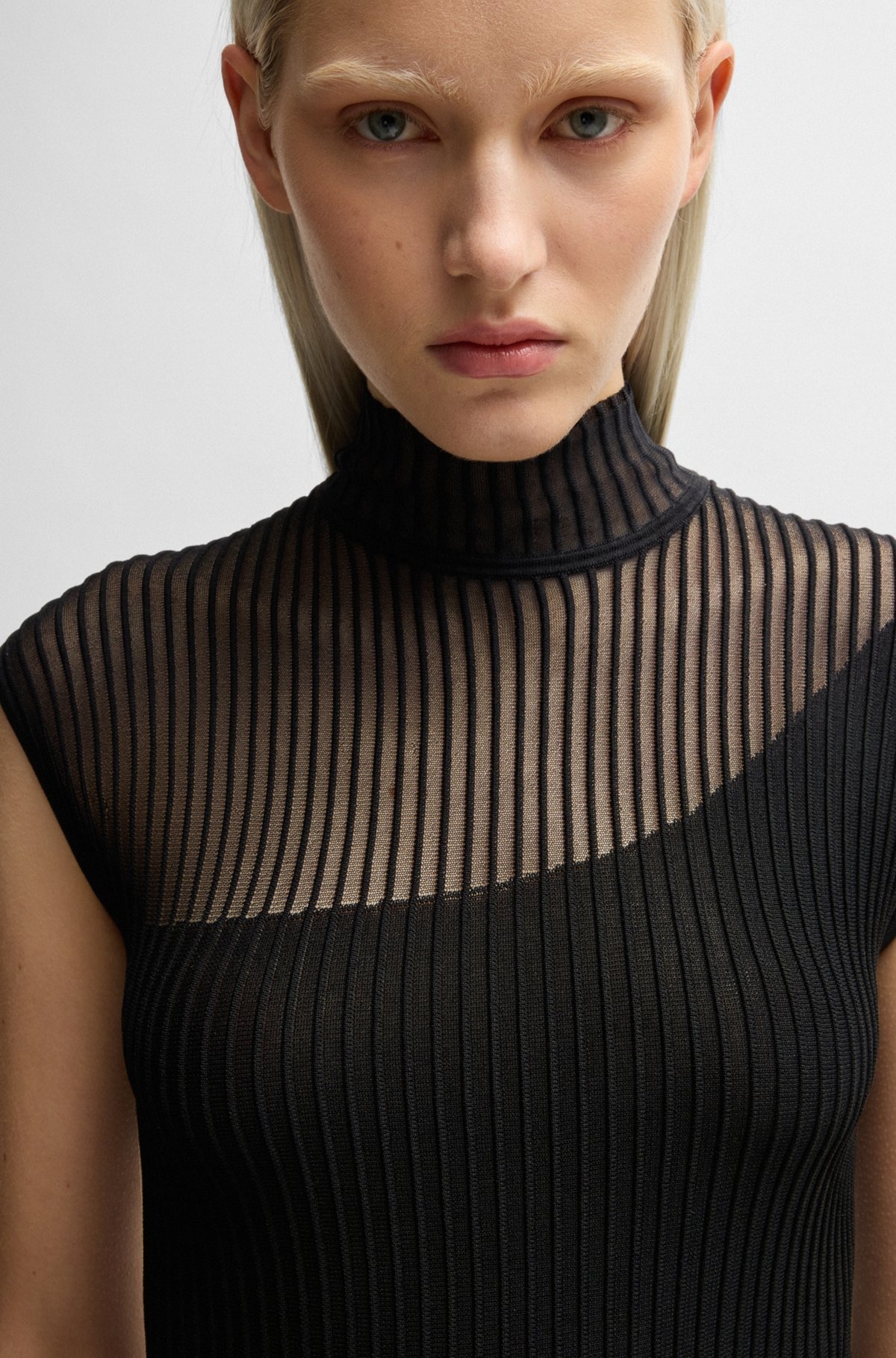 MOCK-NECK RIBBED CREPE MIDI DRESS WITH SHEER SECTIONS - 4