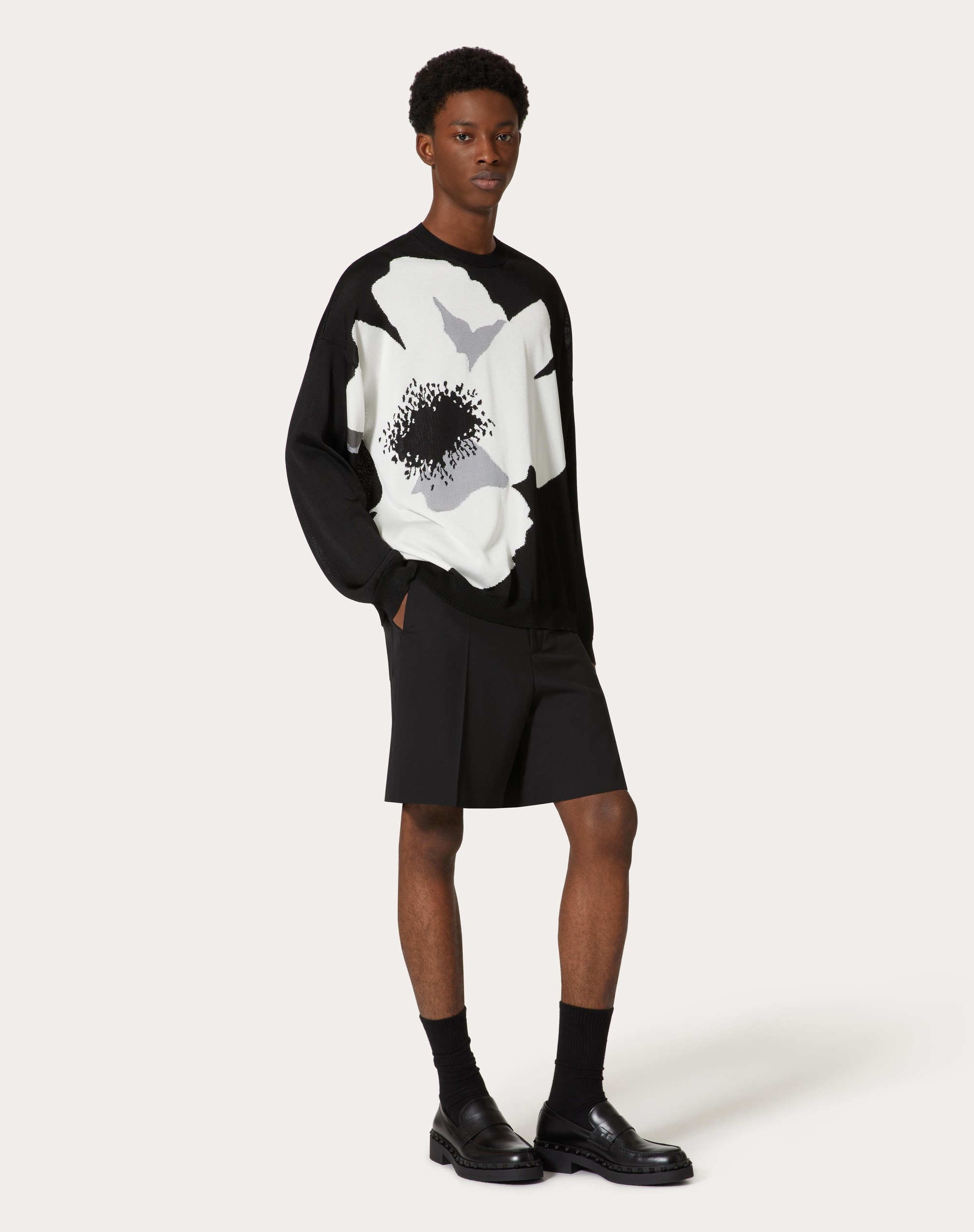 VISCOSE CREWNECK SWEATER WITH VALENTINO FLOWER PORTRAIT INLAY - 2