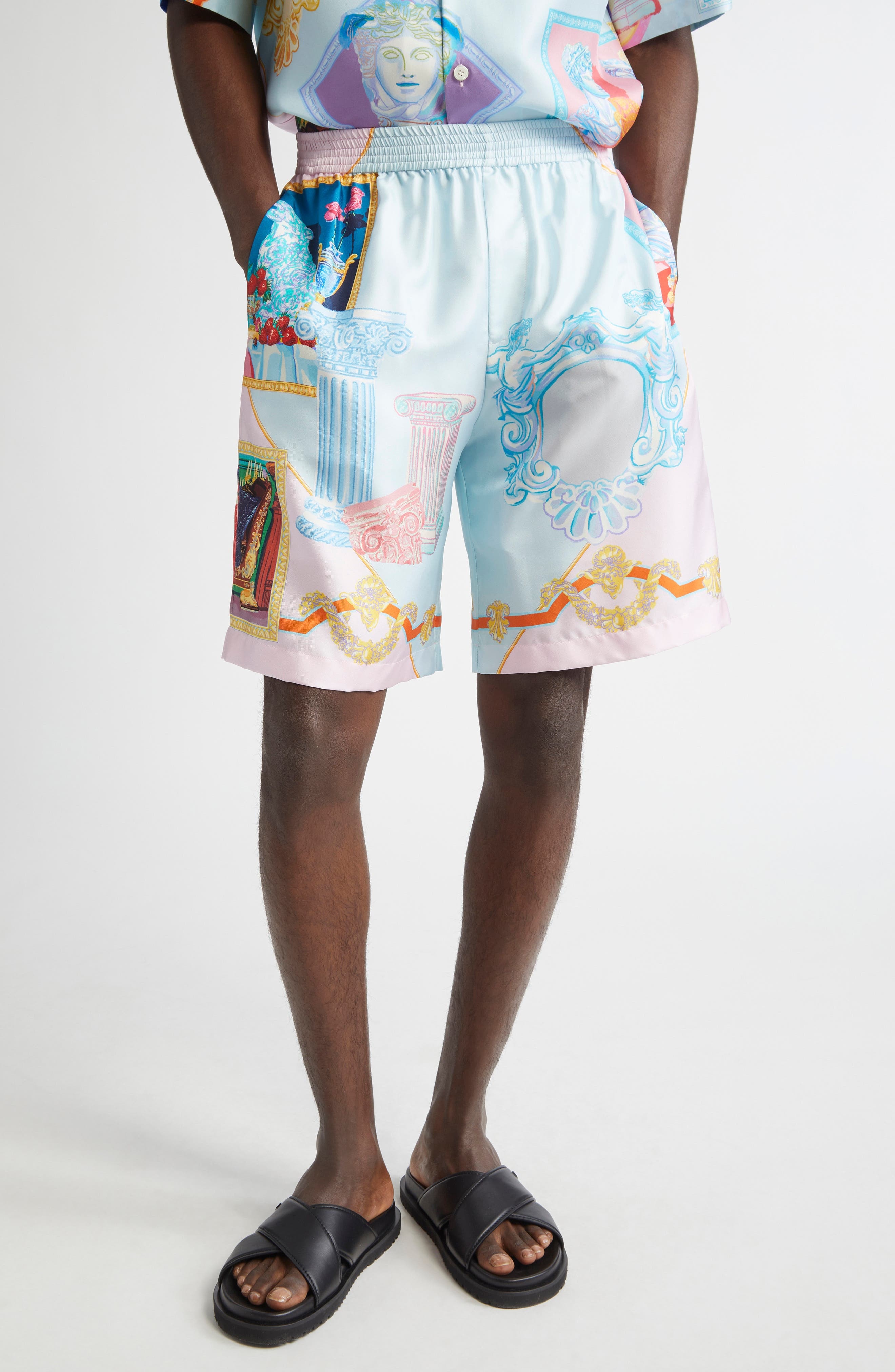 Versace Gallery Print Silk Twill Shorts in Pastel Blue Pink Multi at Nordstrom - 1