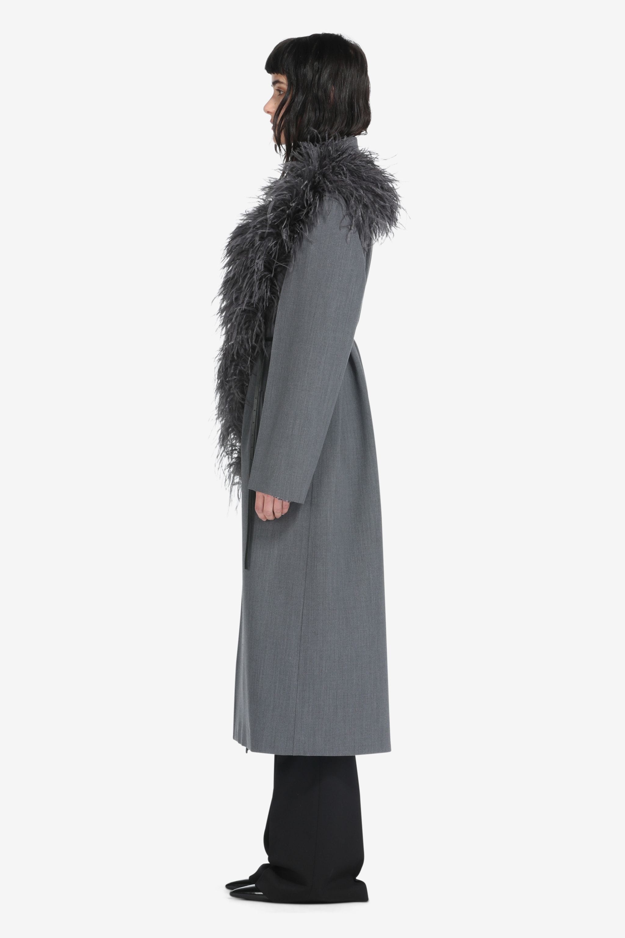 FEATHER-TRIM DOUBLE-BREASTED COAT - 3