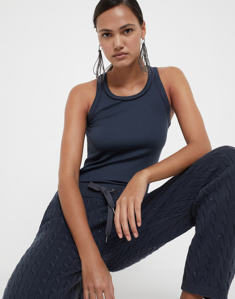 Stretch cotton ribbed jersey top with satin trims 4