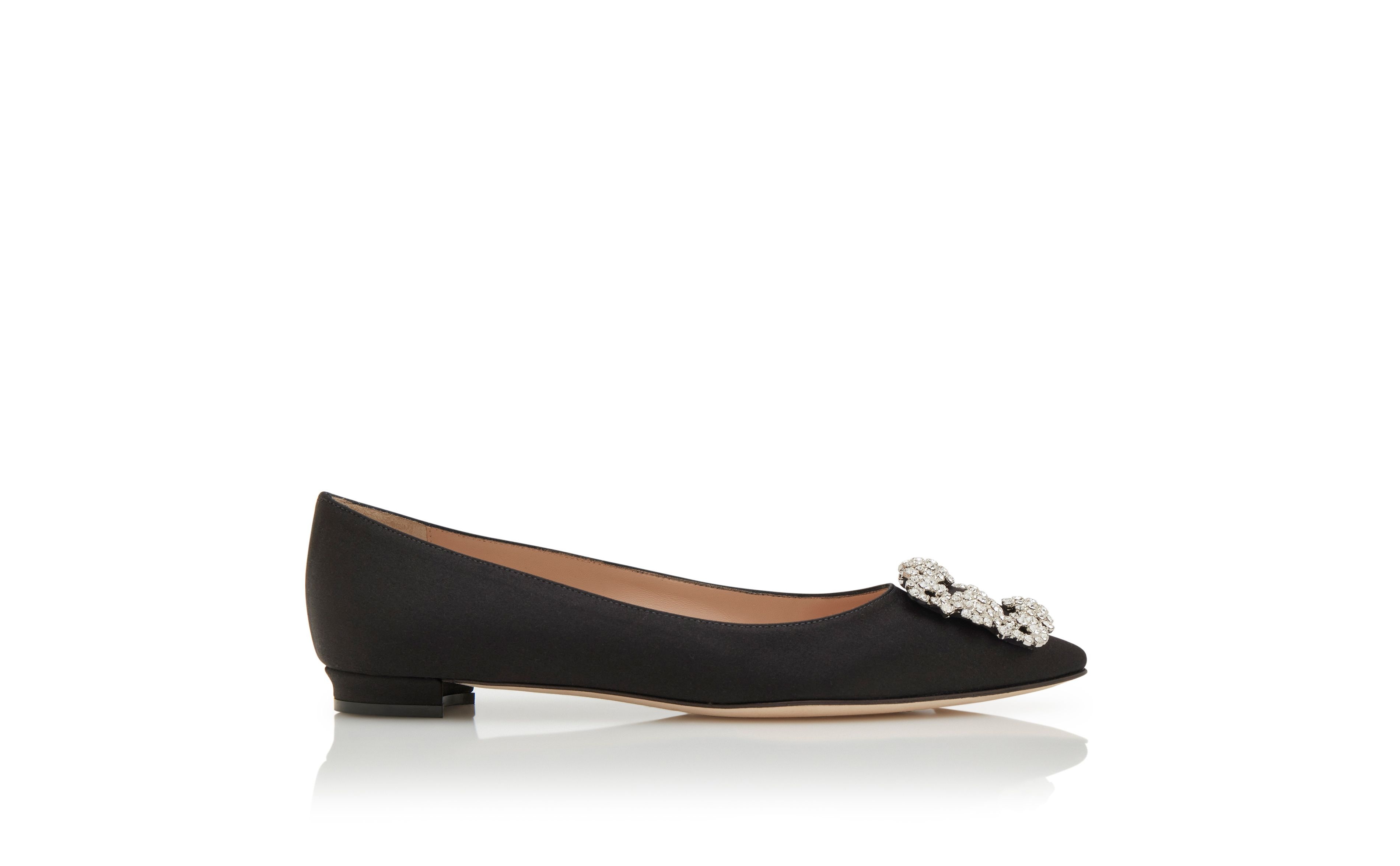 Black Satin Jewel Buckle Flat Pumps - 1