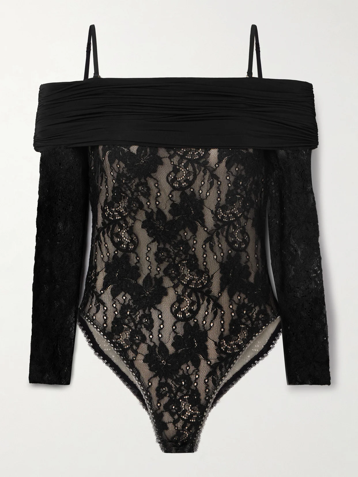 Off-the-shoulder Ruched Jersey And Stretch-lace Bodysuit - 1