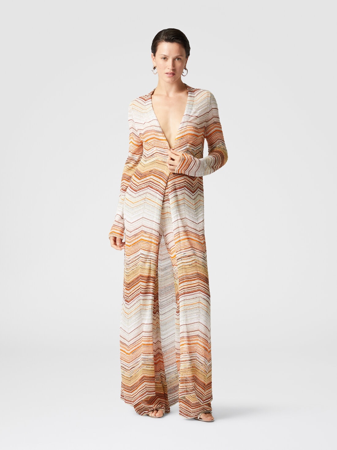 Long chevron lamé cardigan with sequins and decorative lace - 2