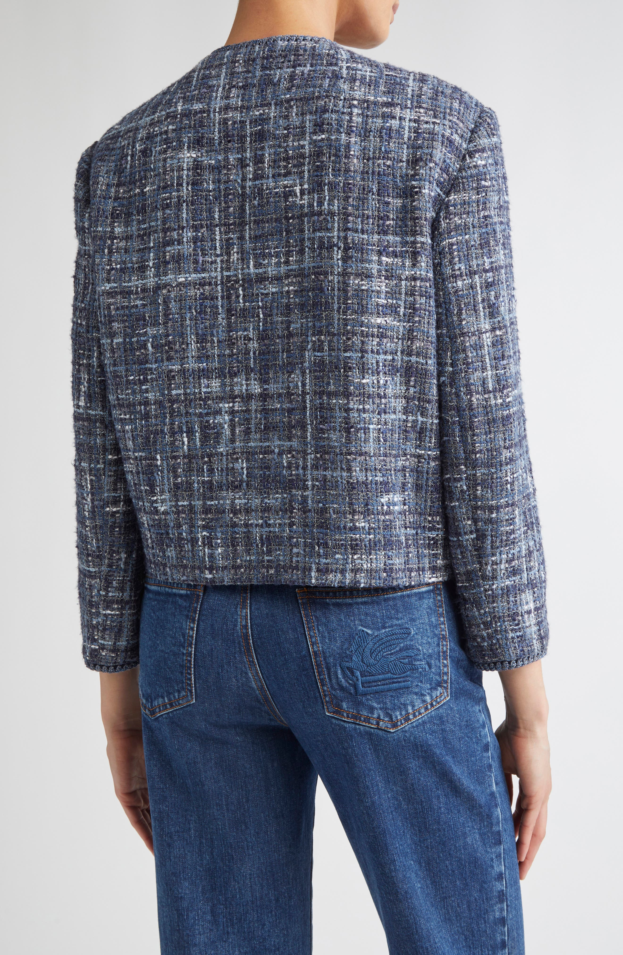 Etro Abstract Check Crop Bouclé Jacket in Multicolor Blue Base at Nordstrom - 3