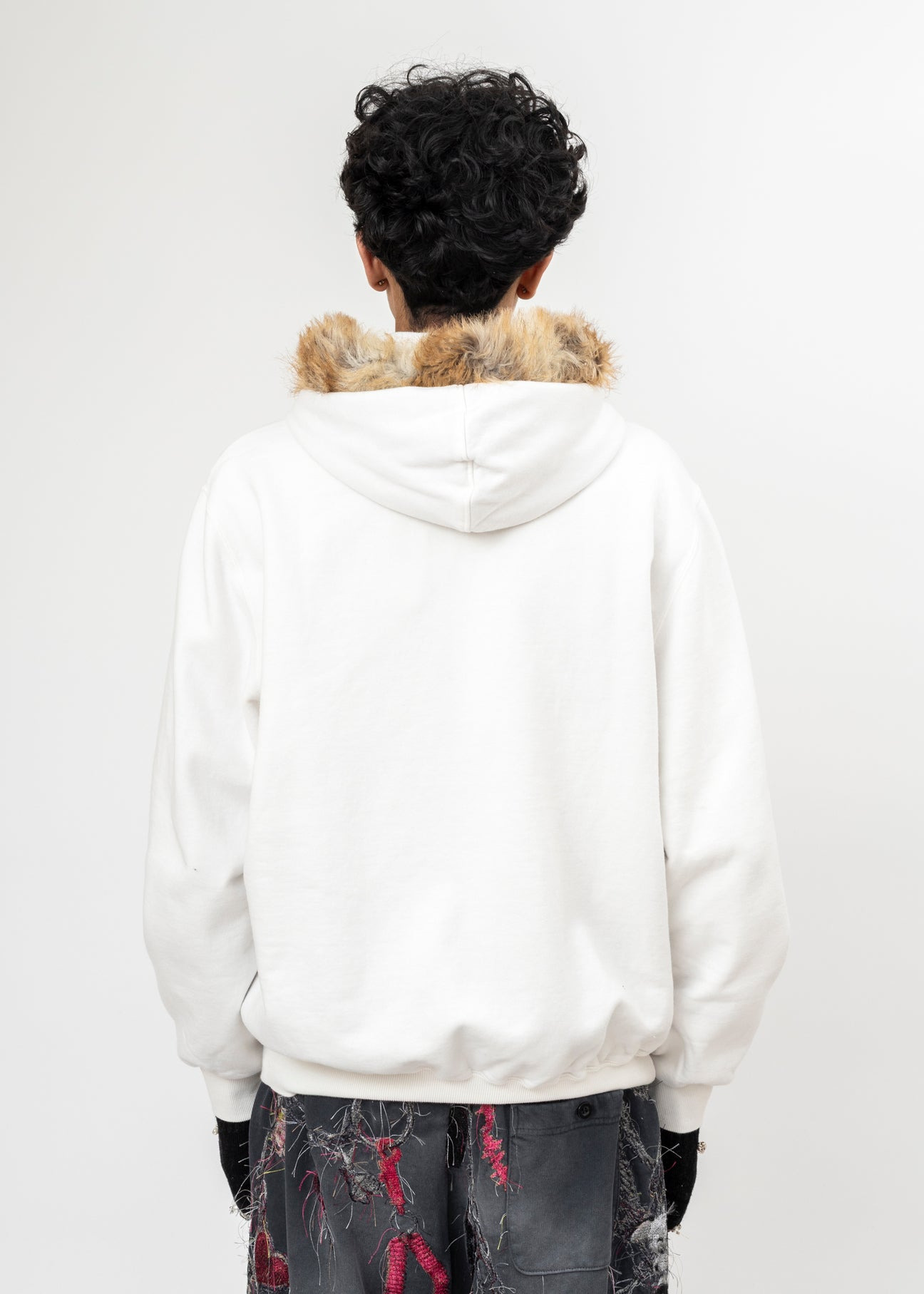 IVORY DOUBLET FURRY COLLAR ZIP-UP HOODIE - 3