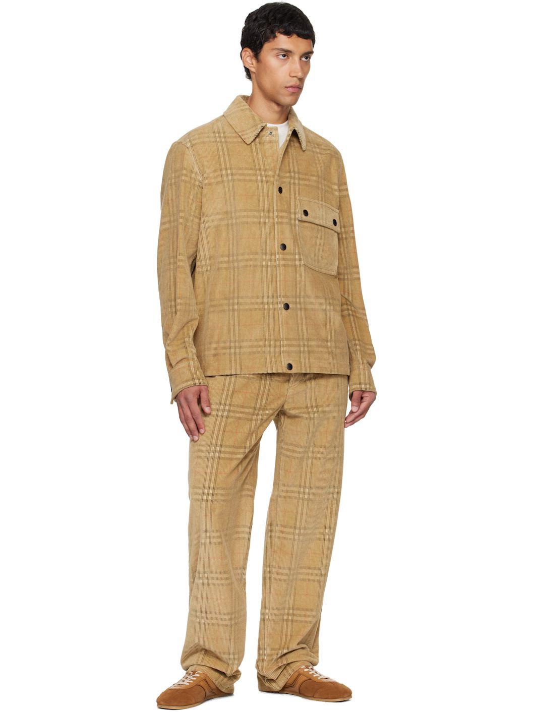 Beige Check Corduroy Shirt - 4