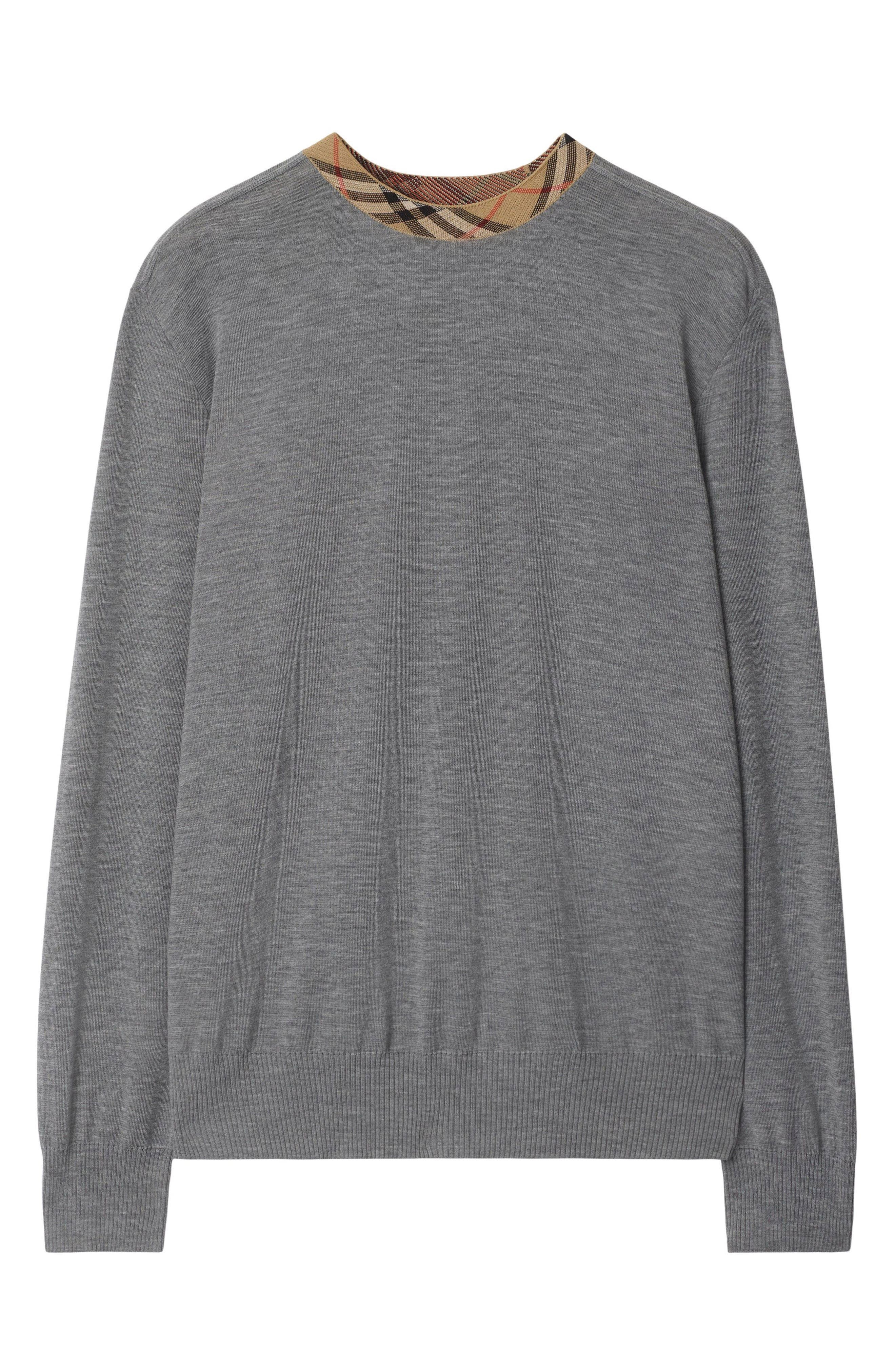 burberry Check Trim Wool Sweater in Grey at Nordstrom - 4
