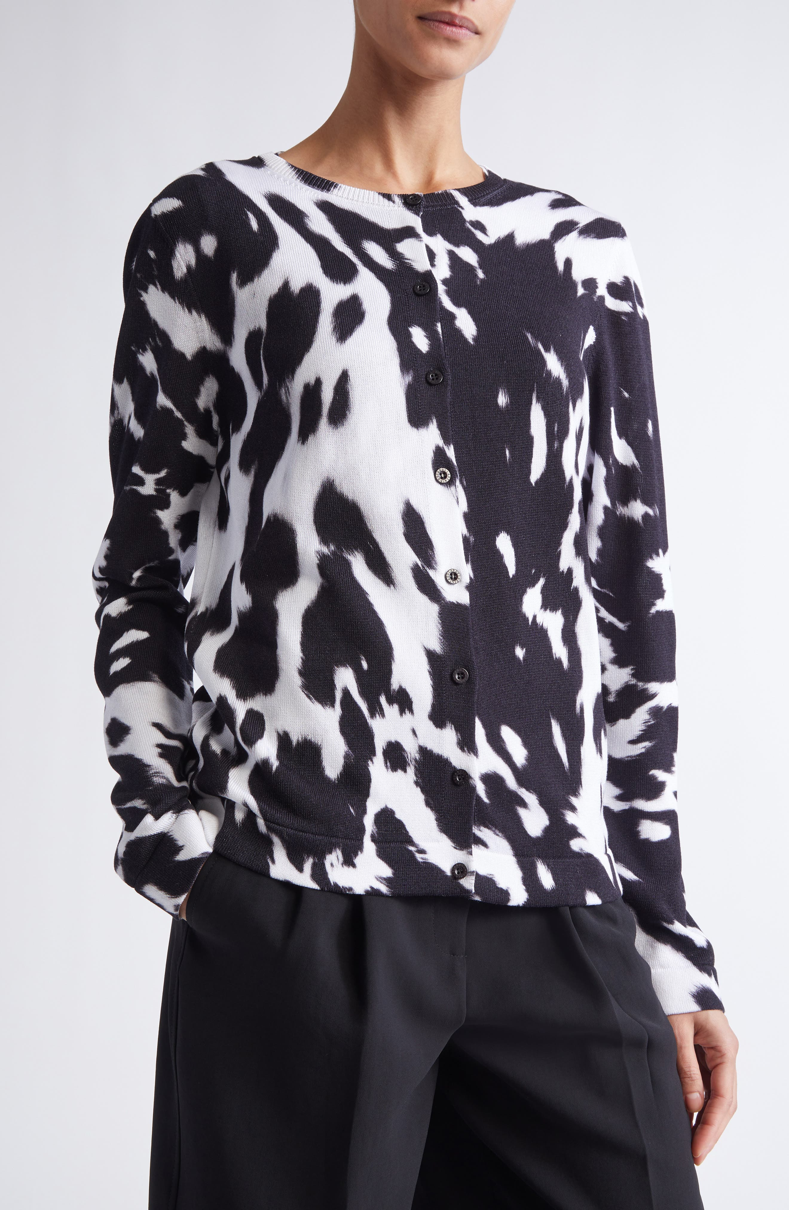 Oscar de la Renta Cow Print Cotton Blend Cardigan in Black/Ivory at Nordstrom - 4