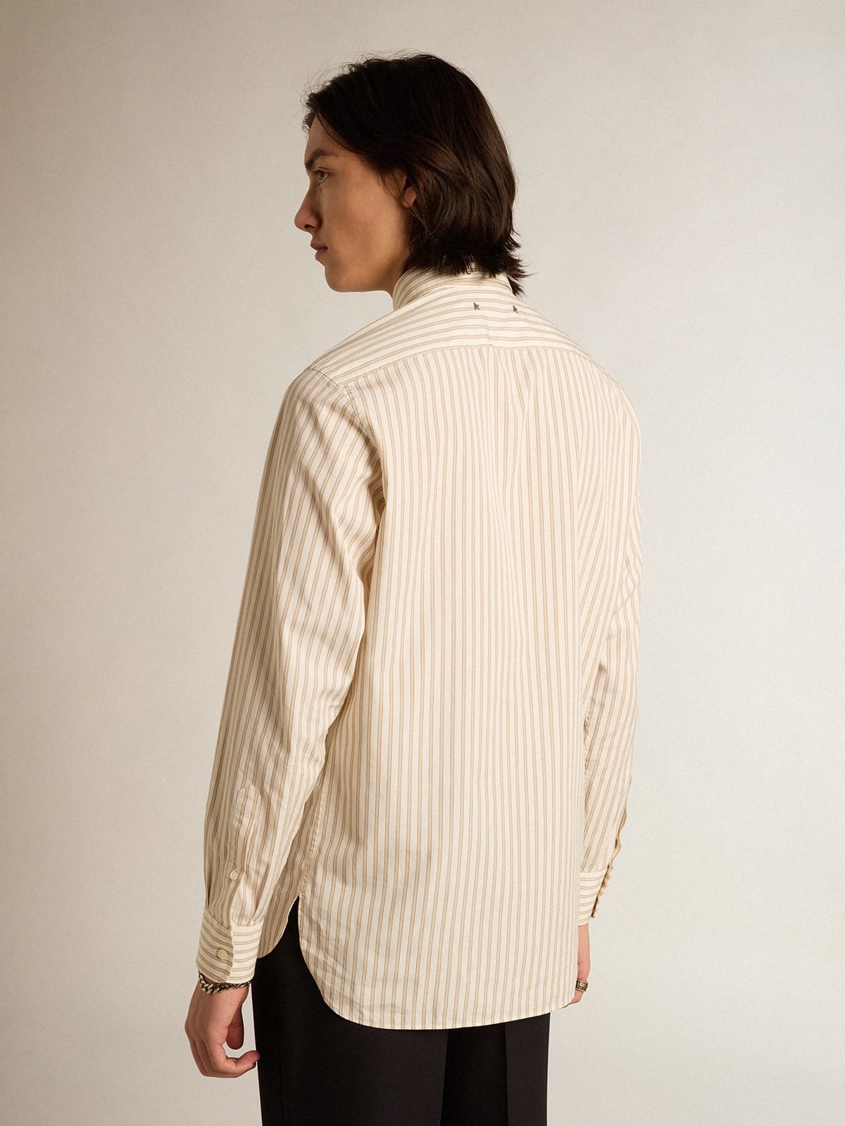 Men’s white cotton shirt with beige stripes - 4