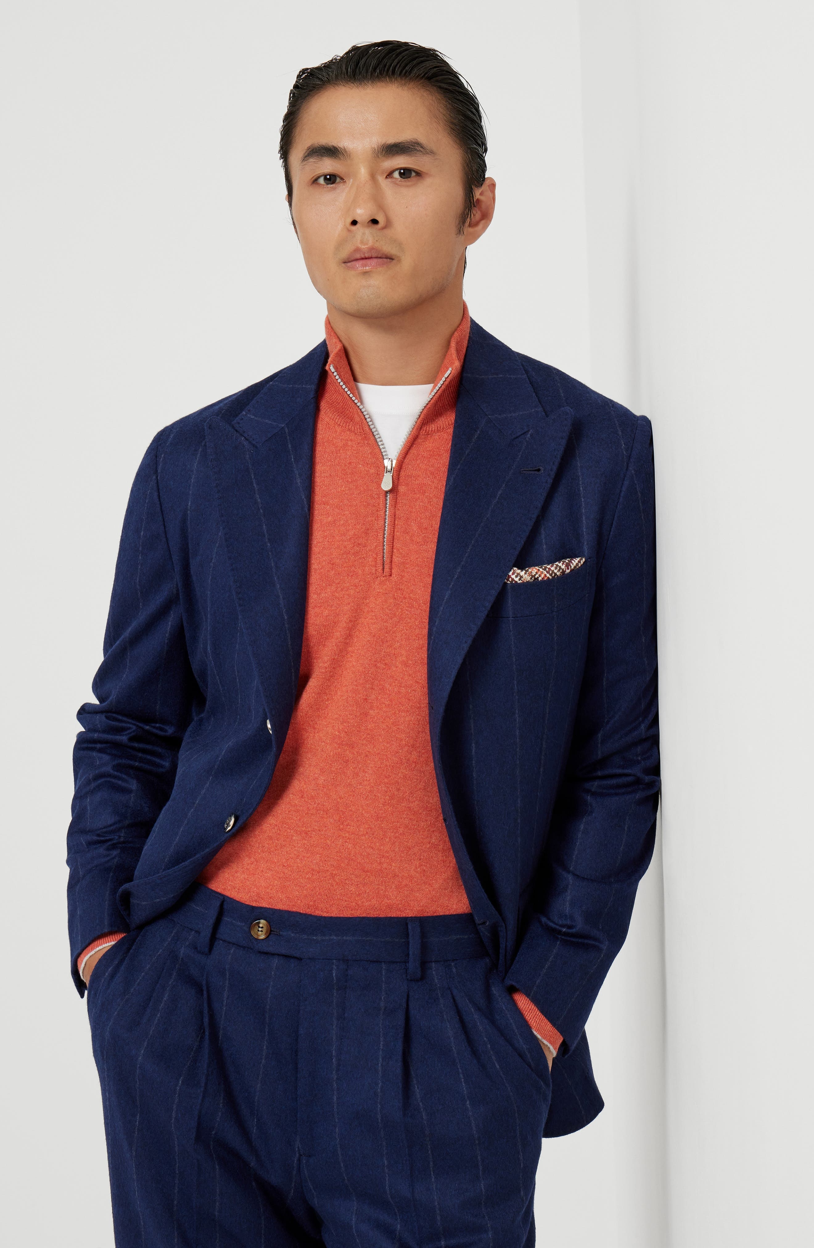 Brunello Cucinelli Wide chalk stripe deconstructed blazer in Avio Blue at Nordstrom - 5