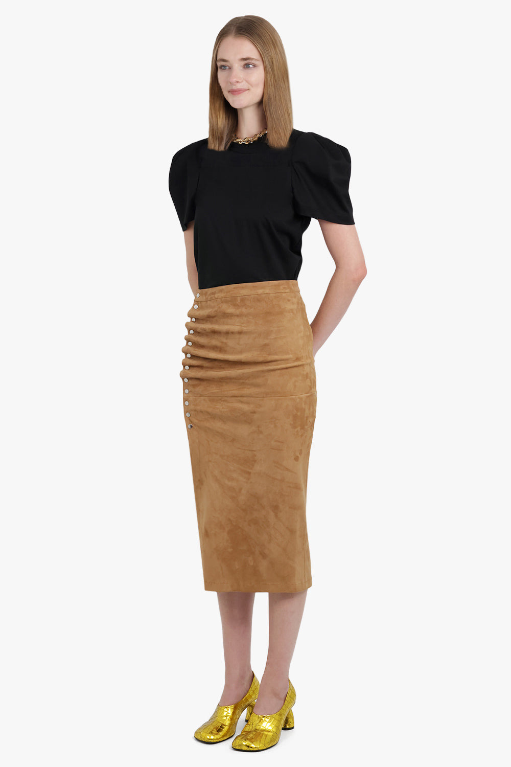 ASYMMETRIC RUCHED LEATHER MIDI SKIRT | NEW CARAMEL - 2