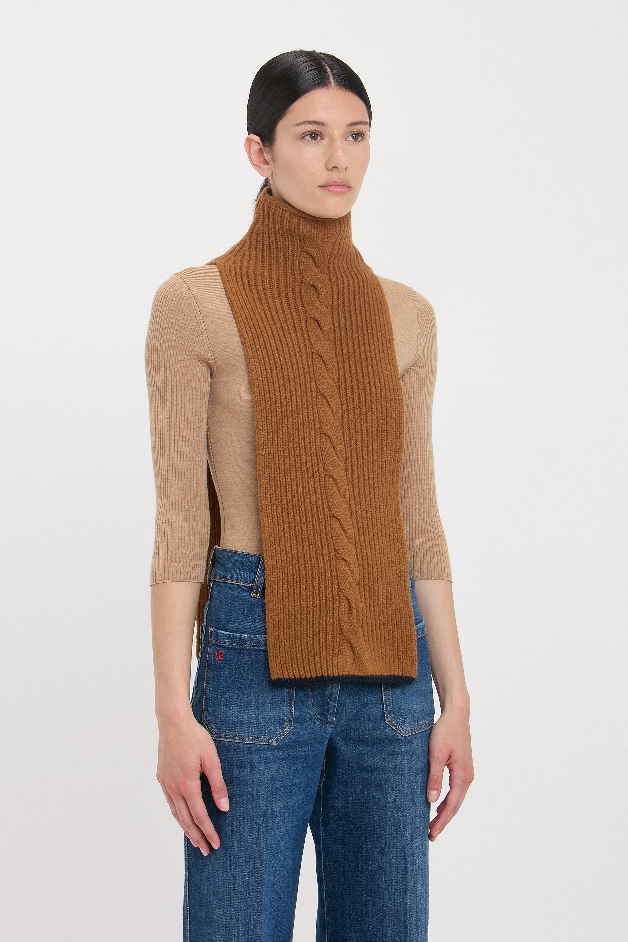 Knitted Polo Neck Scarf In Camel-Navy - 2