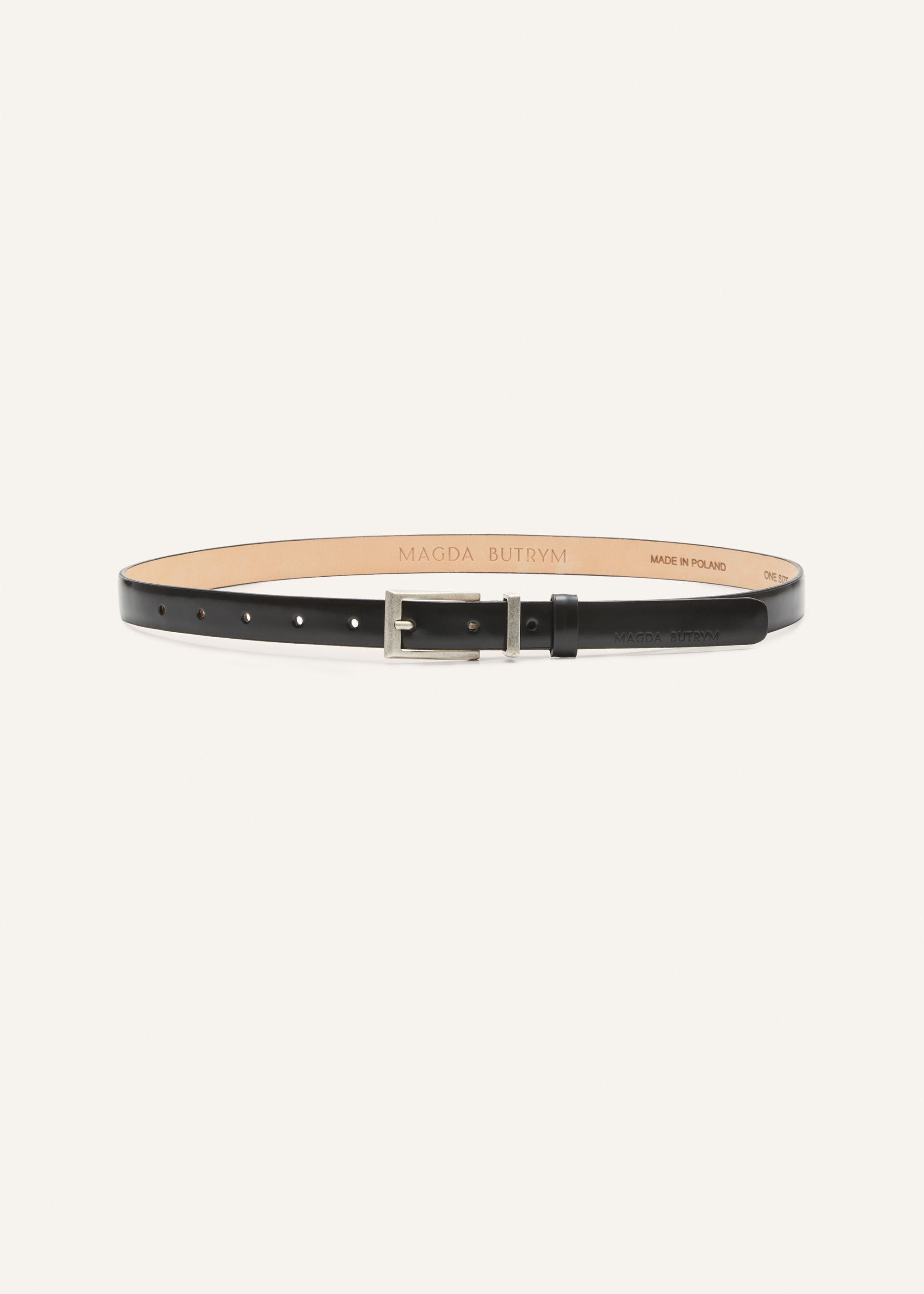 Thin classic black leather belt in silver - 2