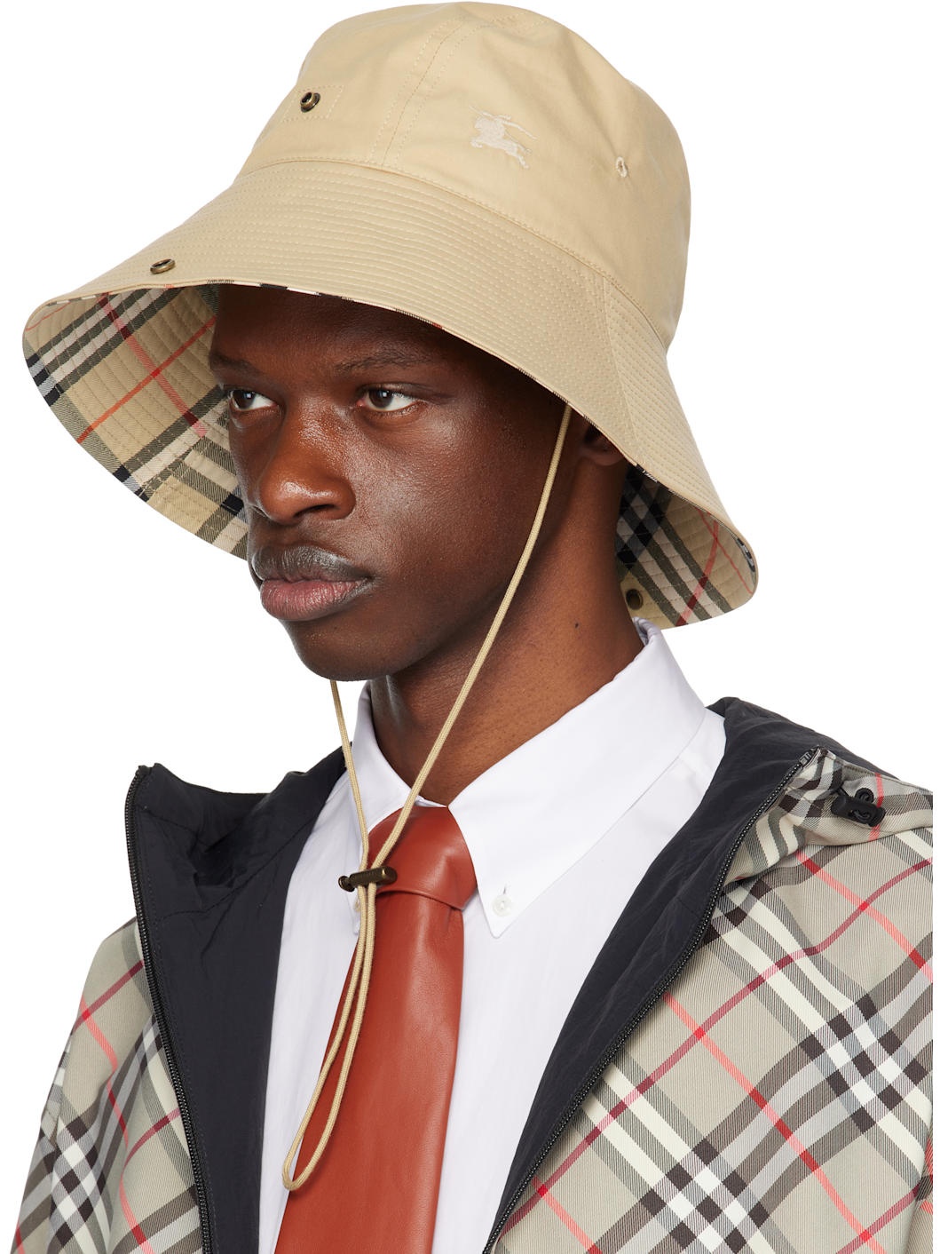 Beige Check Brim Gabardine Bucket Hat - 4