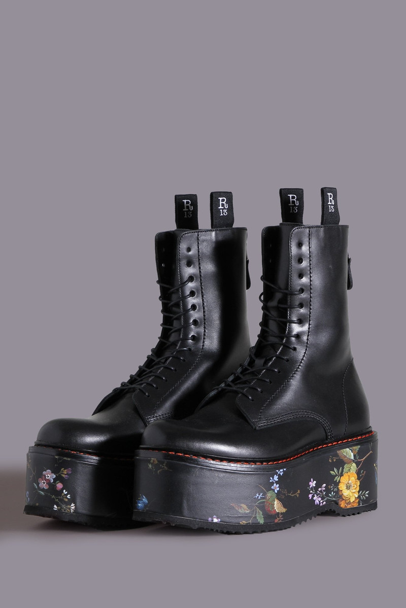 R13 DOUBLE STACK BOOT - BLACK WITH FLORAL PLATFORM 1
