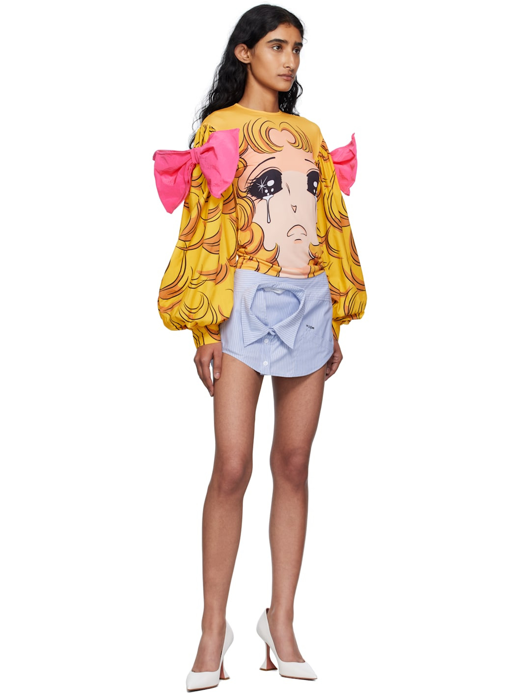 Yellow Crying Girl Puff Sleeve Ribbon T-shirt - 4