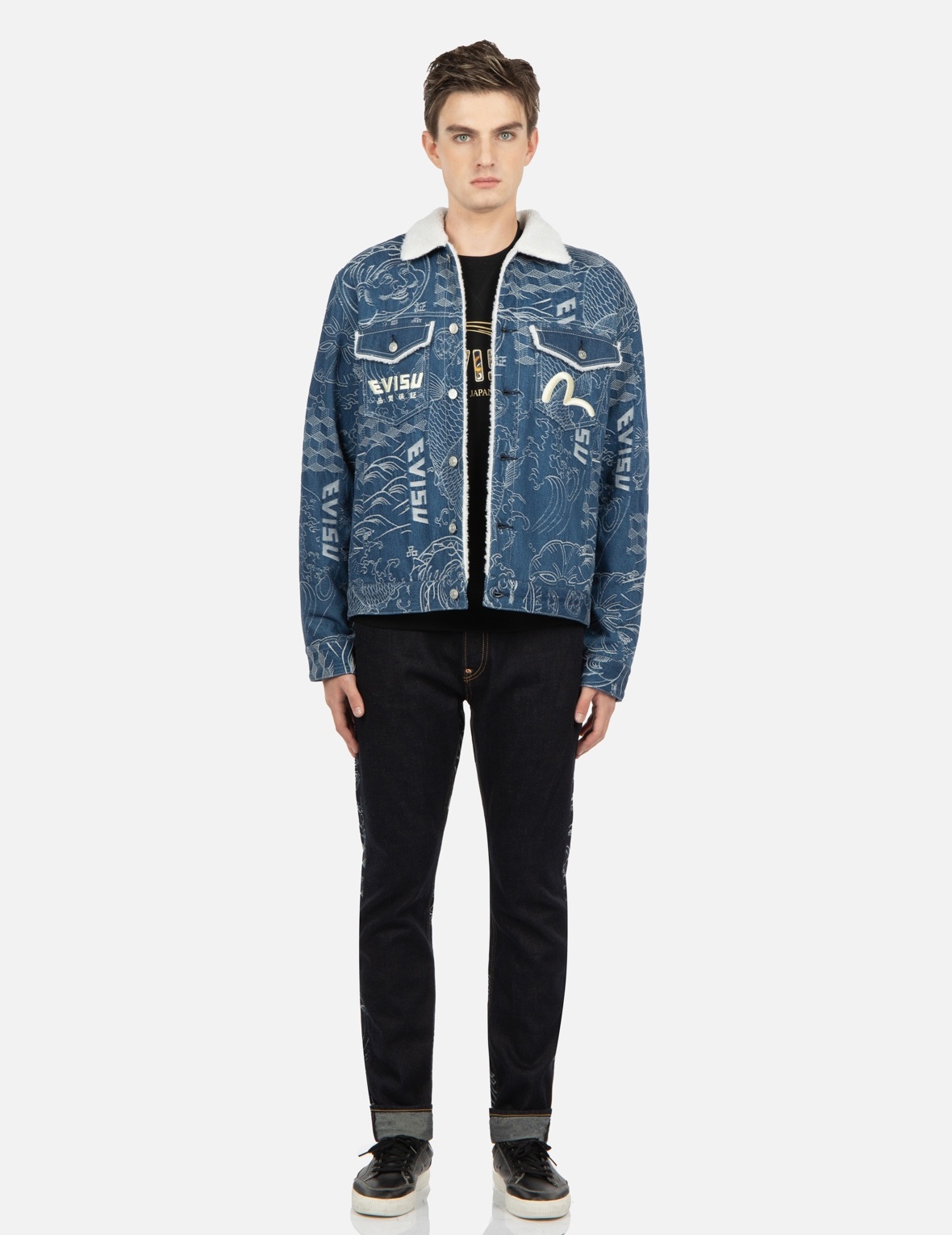 ALLOVER JAPANESE PATTERN JACQUARD SHERPA-LINED DENIM JACKET - 5