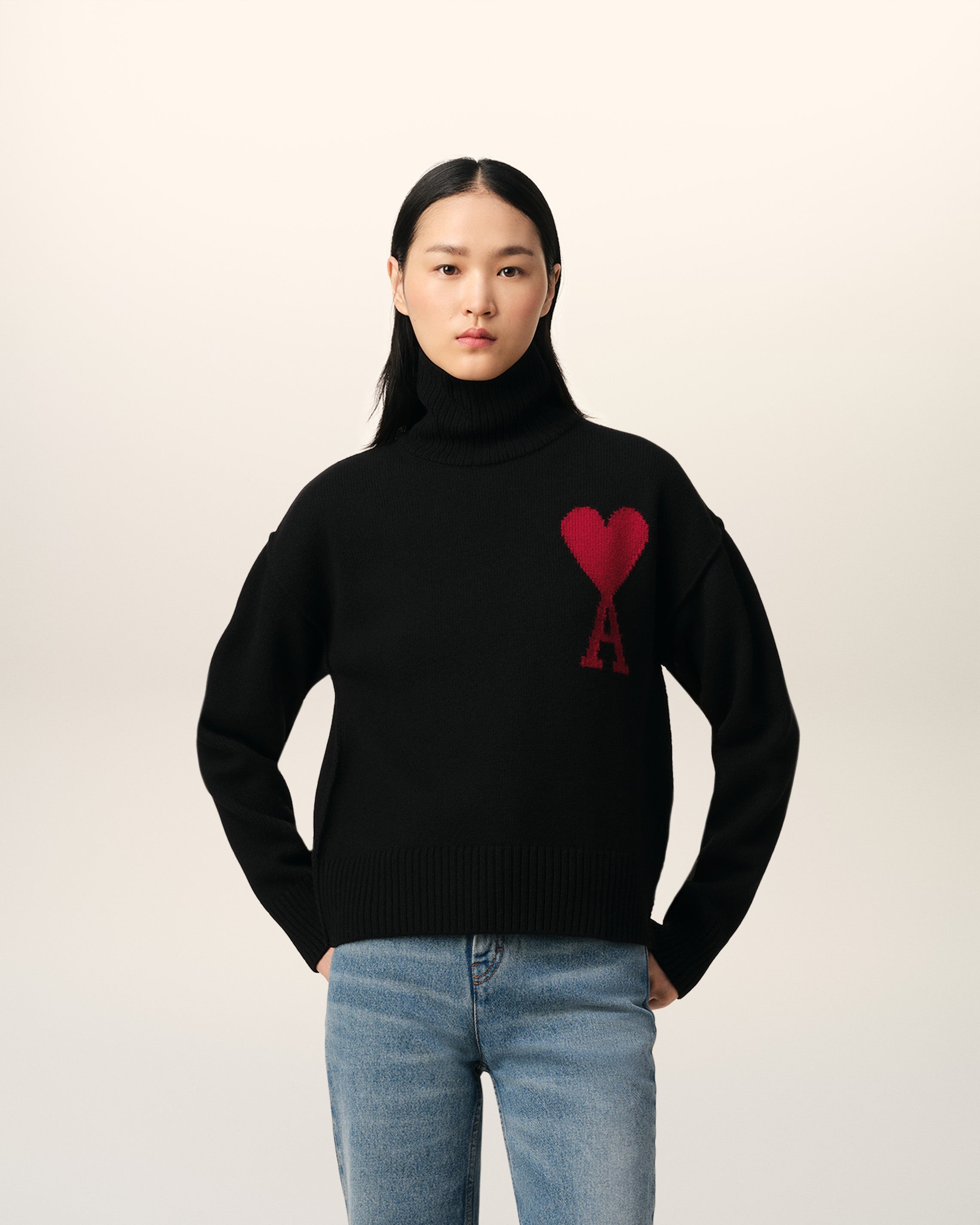 BLACK WOOL AMI DE COEUR SWEATER - 1