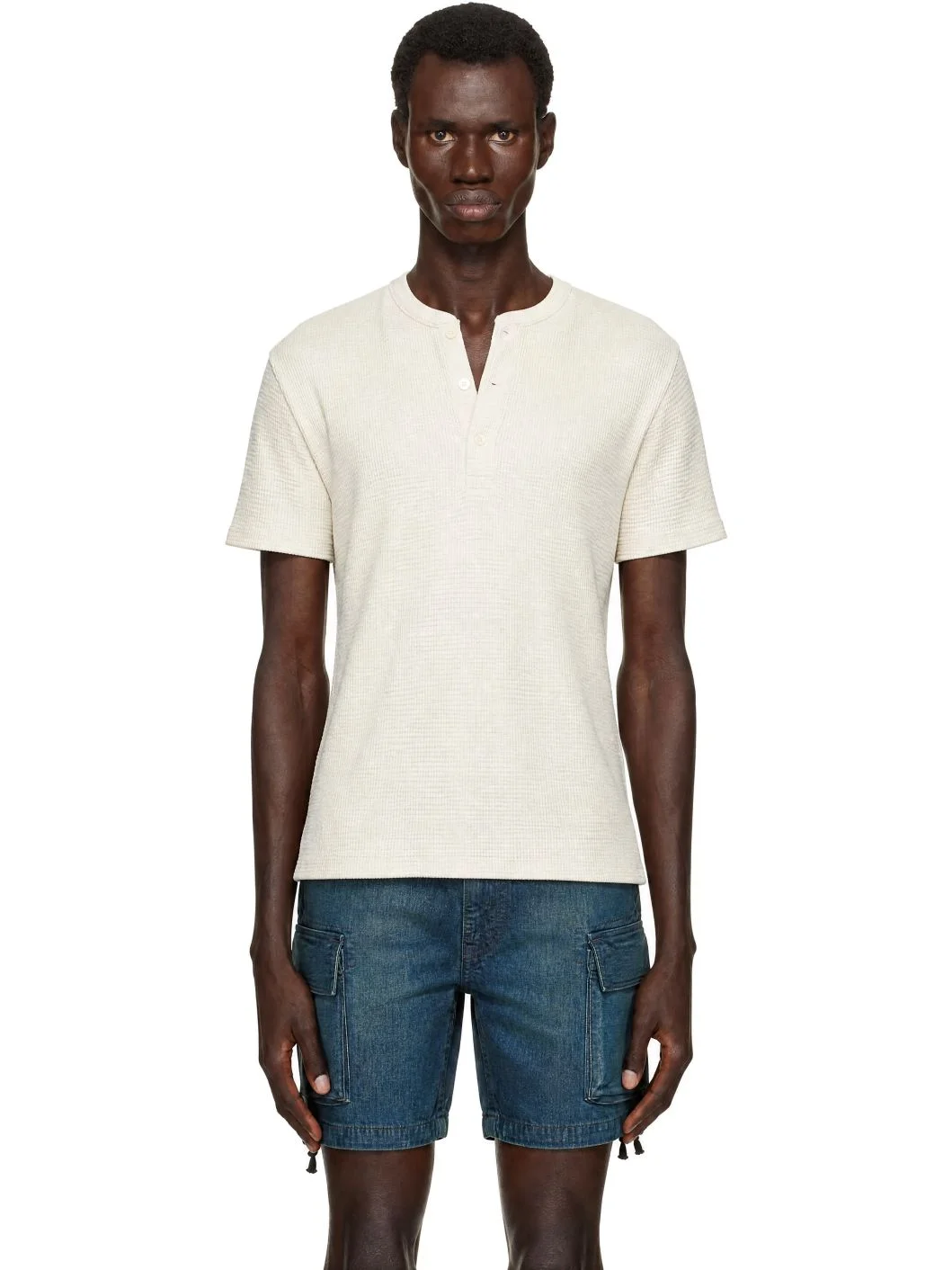 White Waffle-Knit Short Sleeve Henley - 1