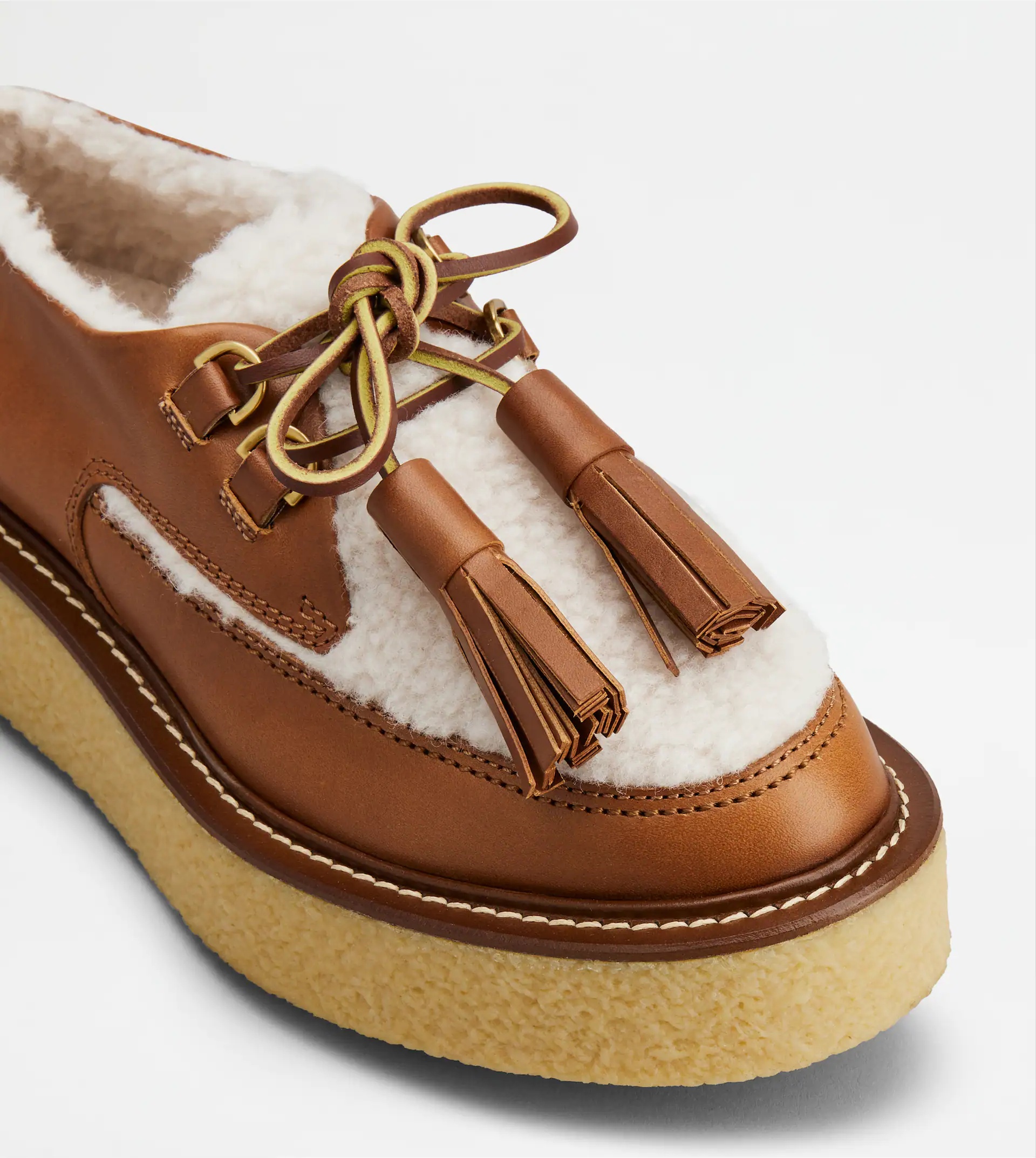 LACED PLATFORM LOAFERS IN LEATHER AND WOOL - BROWN, OFF WHITE - 5