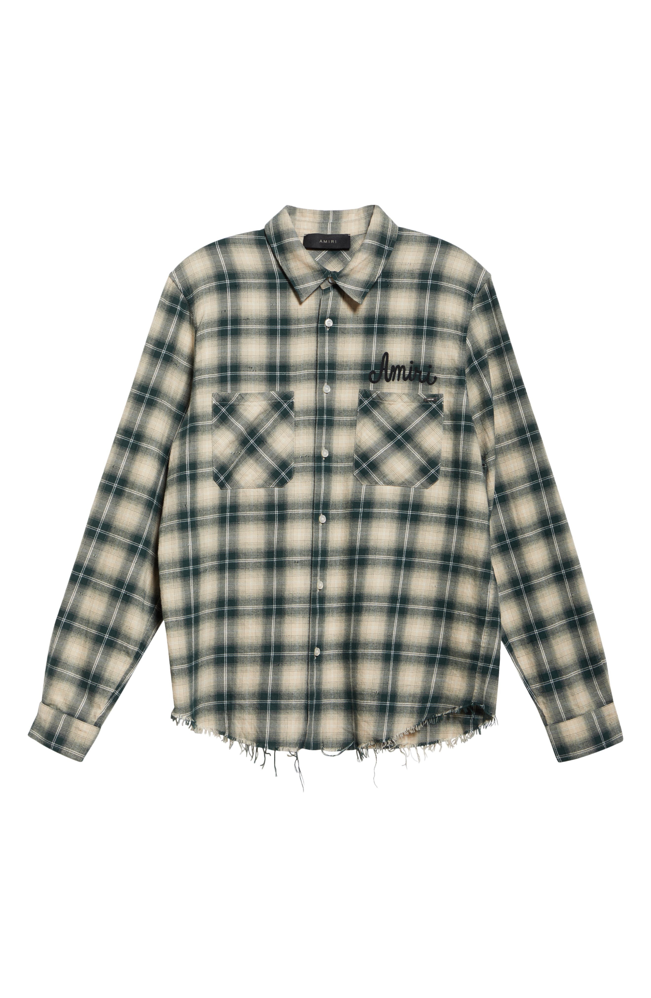 AMIRI Shotgun Distressed Plaid Flannel Button-Up Shirt in Evergreen at Nordstrom - 5