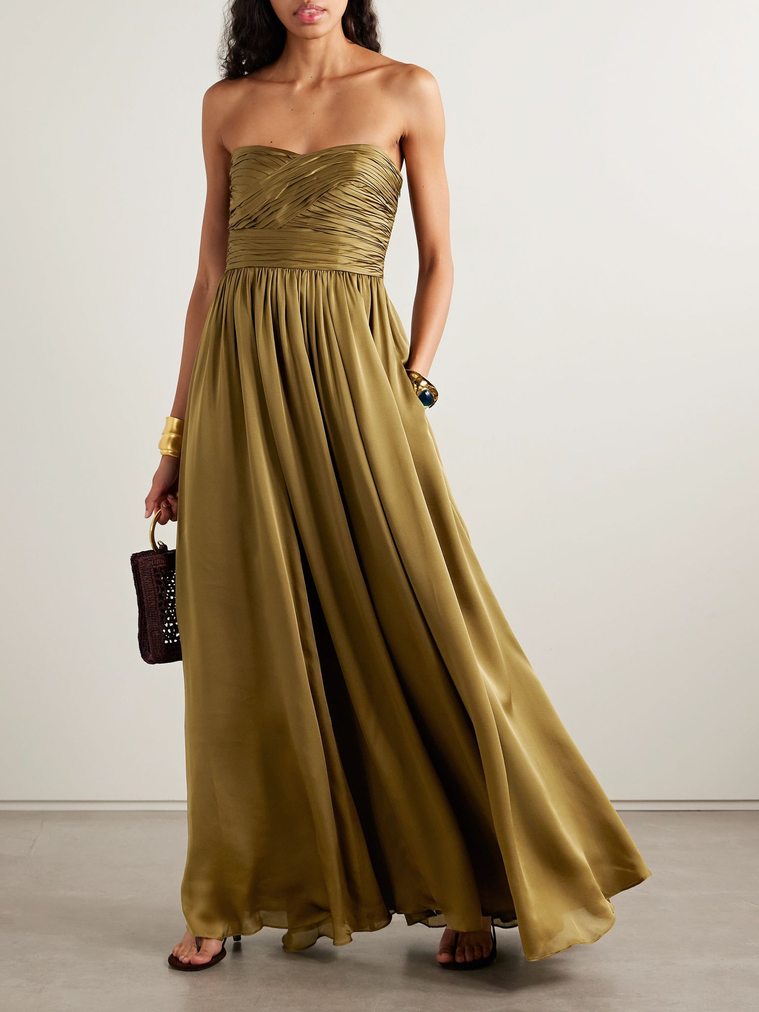 Anastasia strapless gathered silk-satin gown Brown - 2