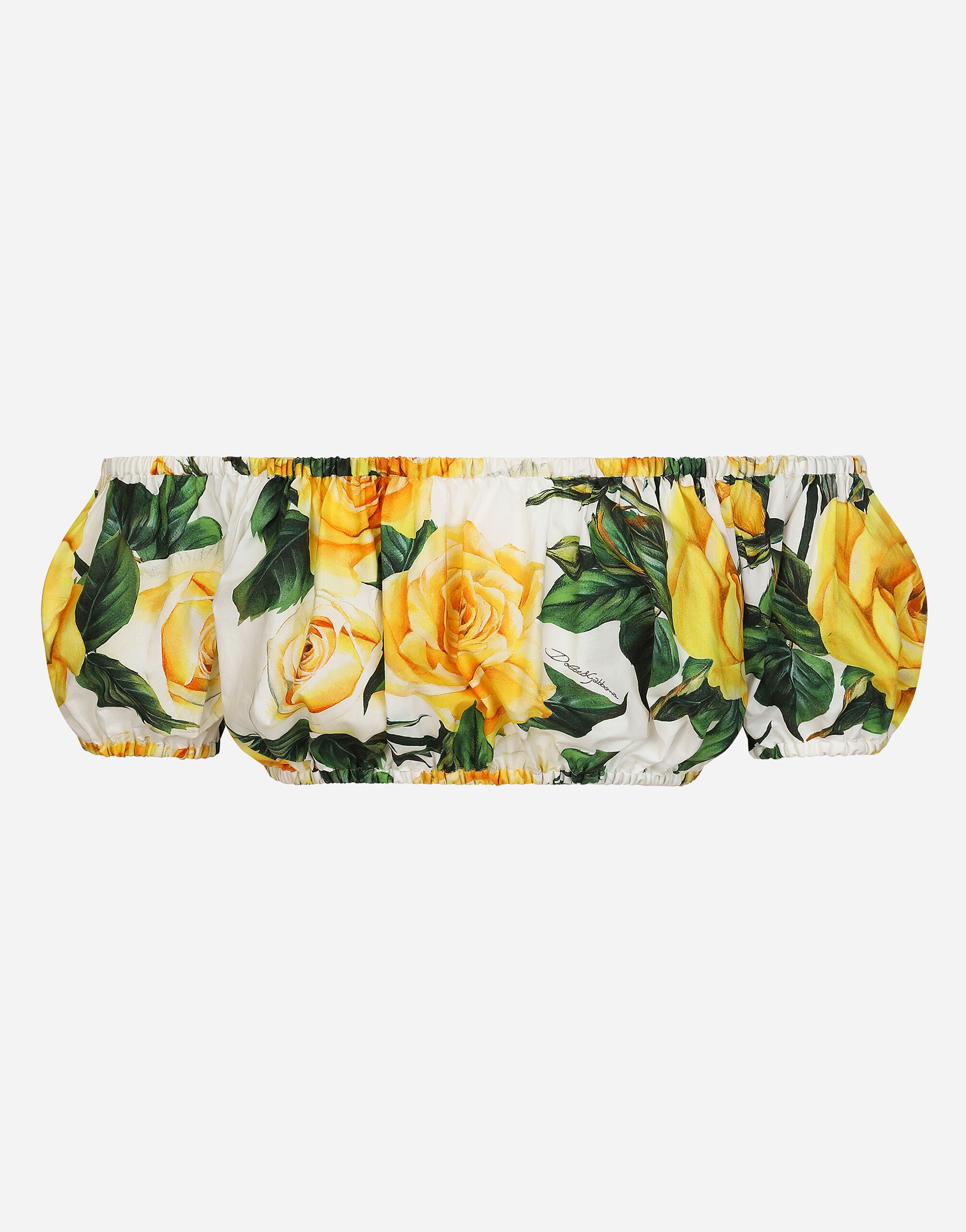 Bardot-neck crop top in yellow rose-print cotton - 2