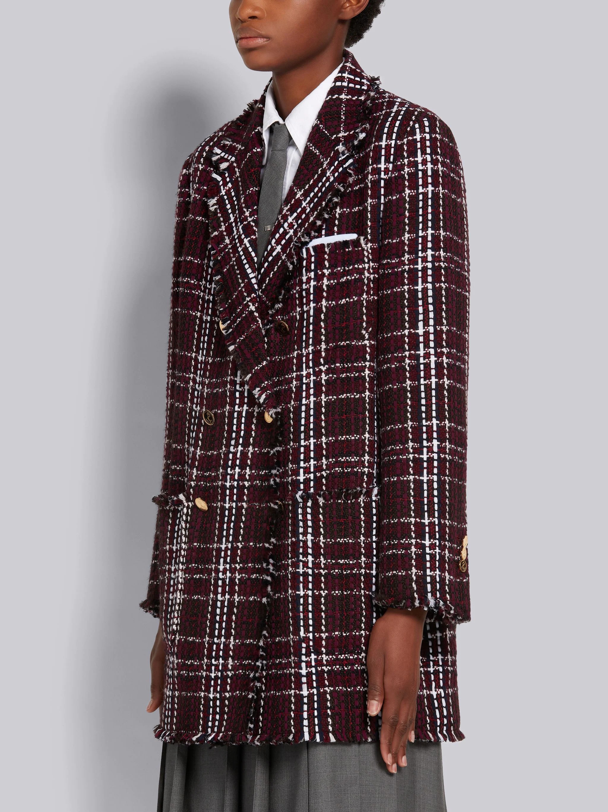 Burgundy Tartan Check Tweed Oversized Double Breasted Sack Jacket - 2