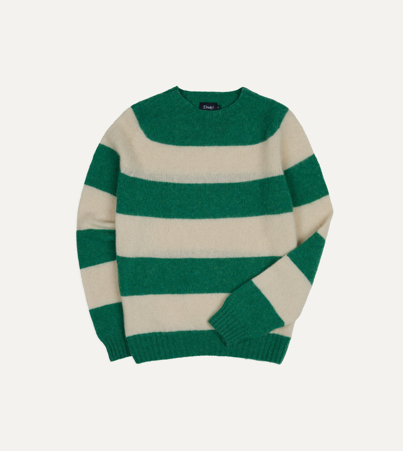 Green and Ecru Stripe Brushed Shetland Crew Neck Jumper 1