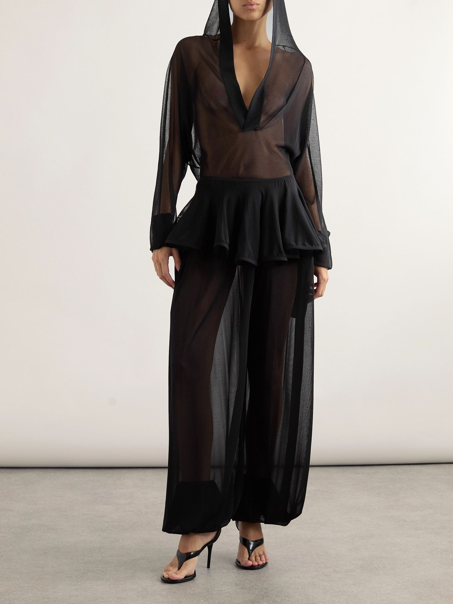 Pleated georgette peplum tapered pants Black - 2