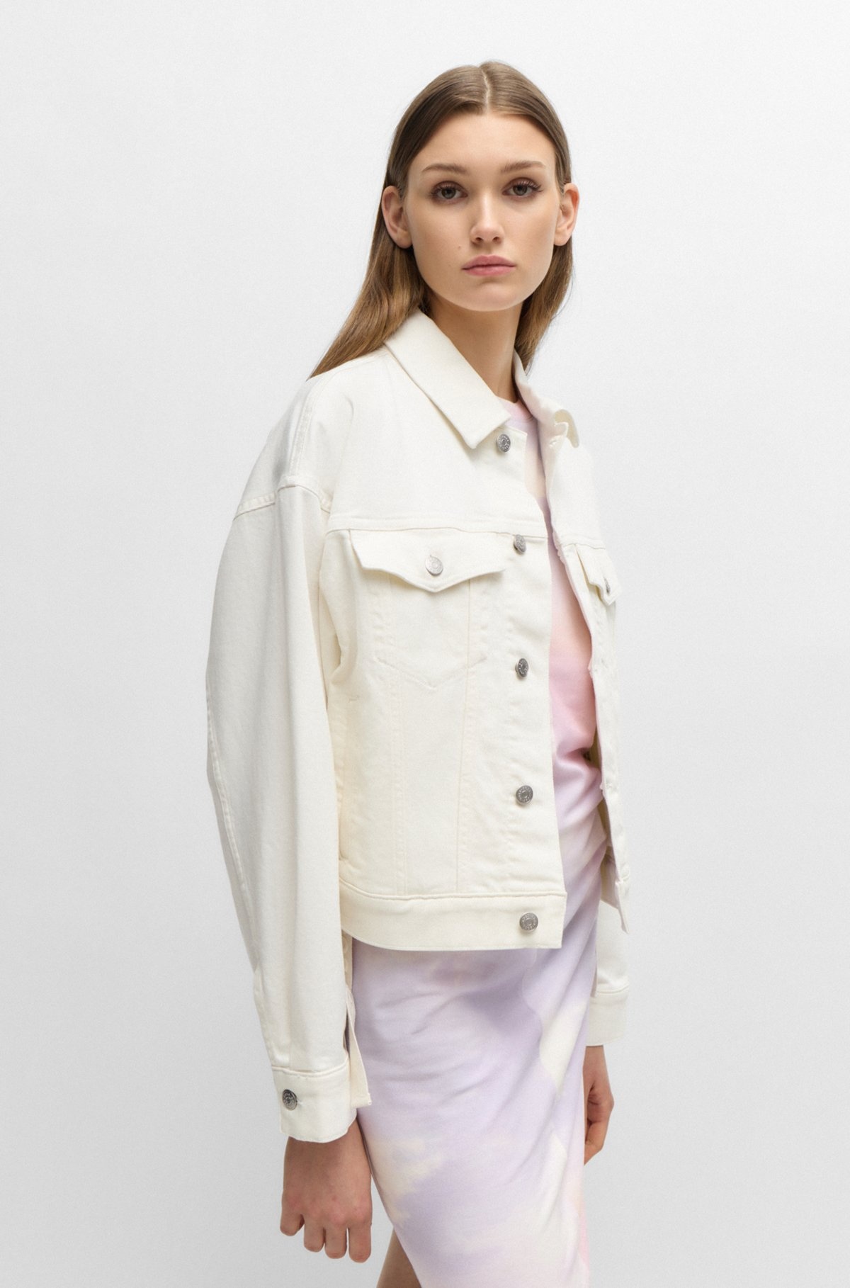 WHITE STRETCH-DENIM JACKET WITH SIGNATURE TRIMS - 6