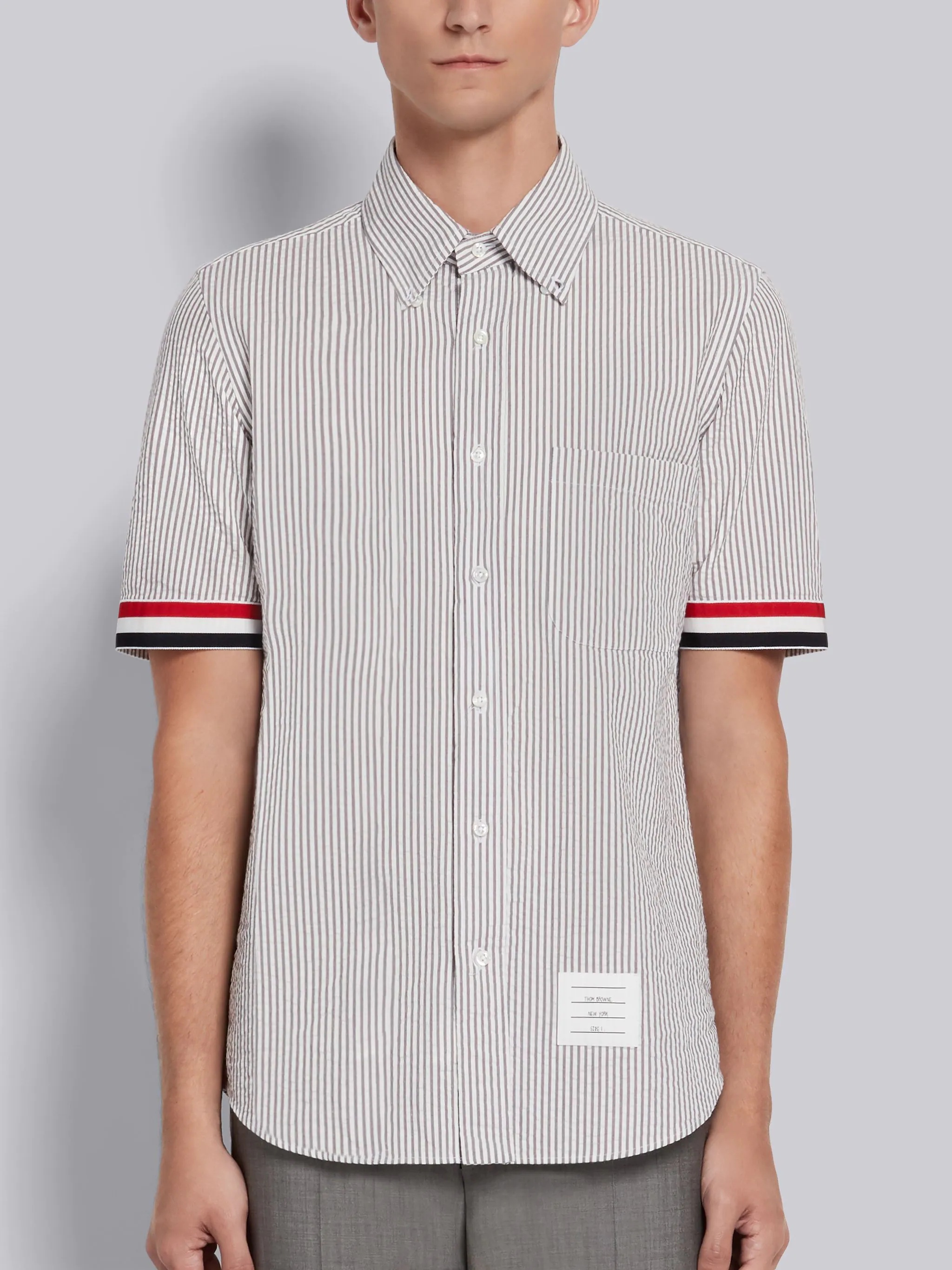 Medium Grey Cotton Seersucker Grosgrain Cuff Straight Fit Short Sleeve Shirt - 3