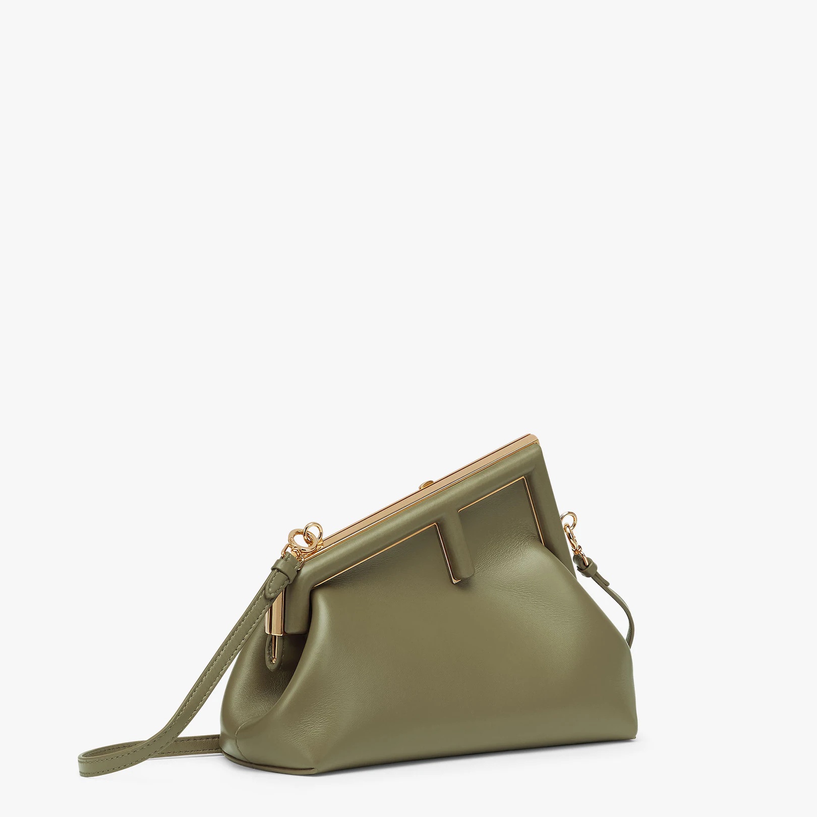 Small Fendi First bag made of soft, dark green nappa leather with oversized metal F clasp bound in t - 2