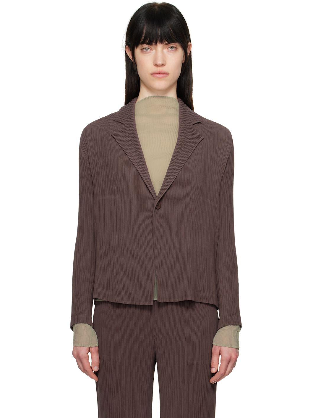 Brown February Hatching Pleats Blazer - 1