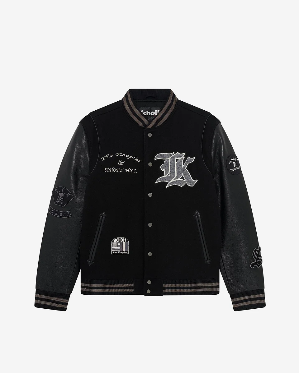 THE KOOPLES X SCHOTT NYC BLACK LEATHER VARSITY JACKET - 1