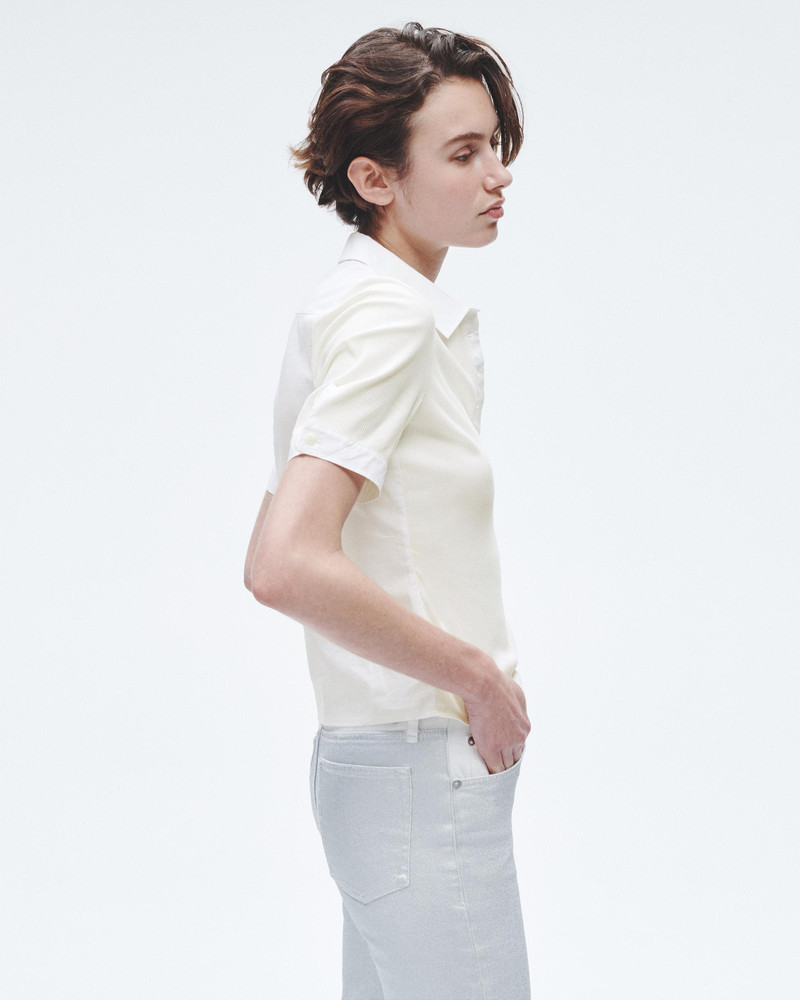 Ribbed Mixed Media Polo Cotton-Modal T-Shirt 4
