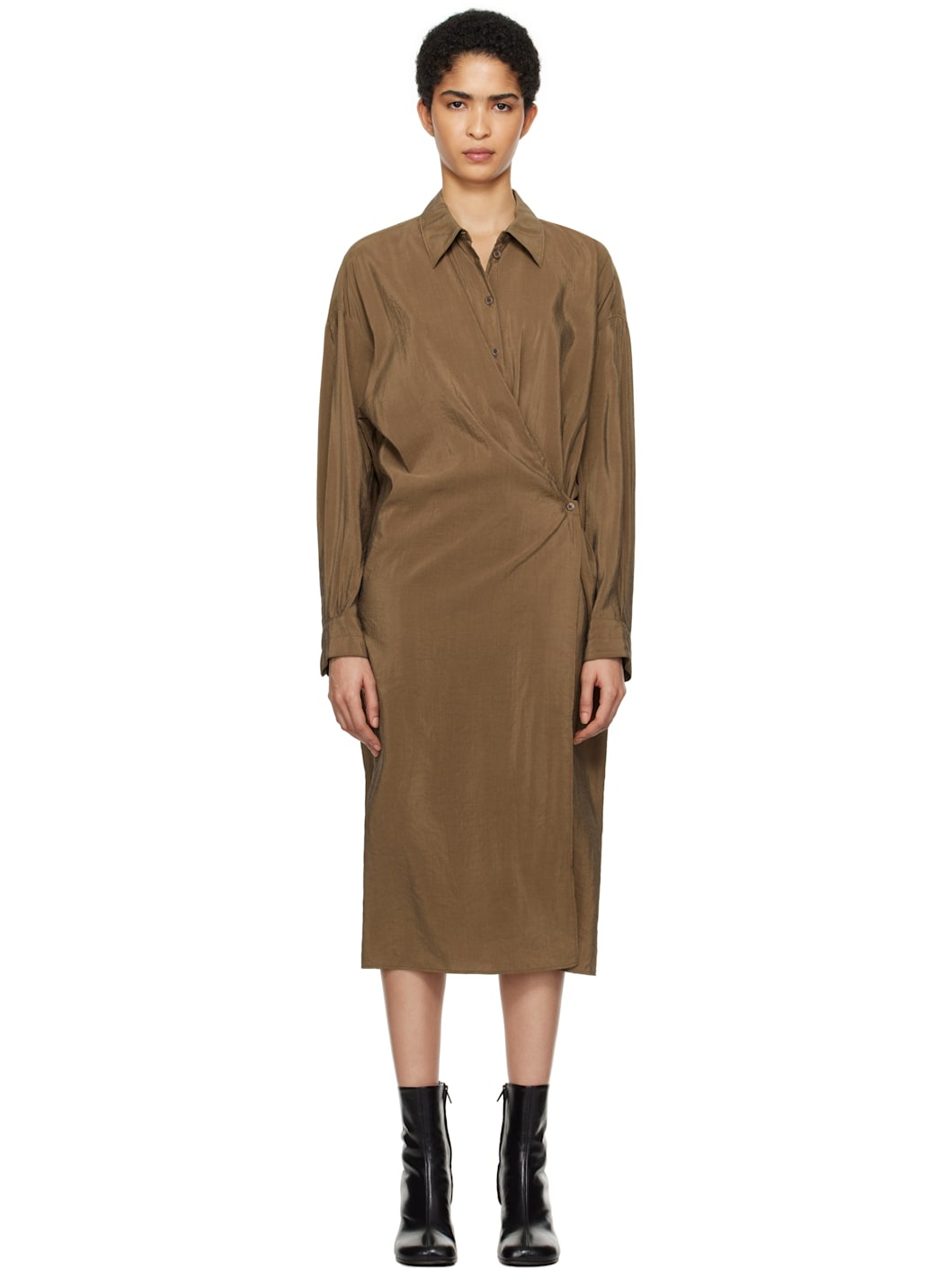Brown Straight Collar Twisted Midi Dress - 1