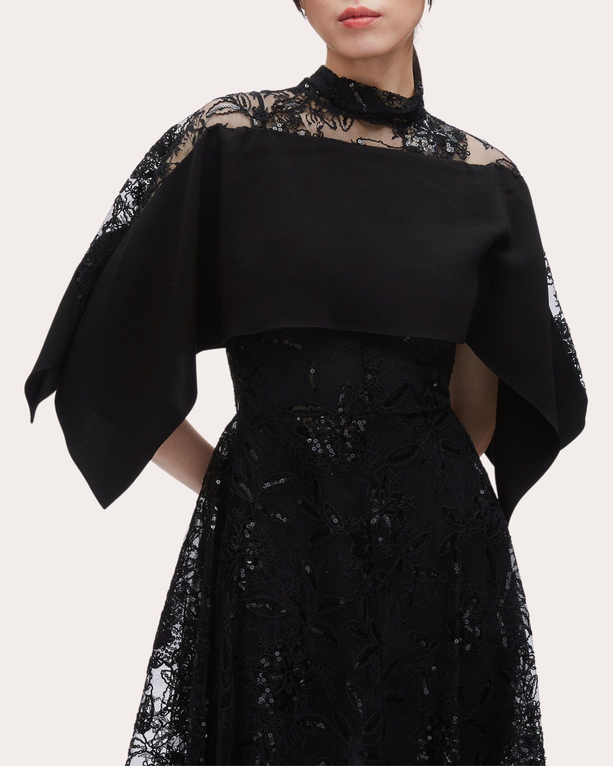 Sequin Lace Mock Neck Cape Midi Dress - 4