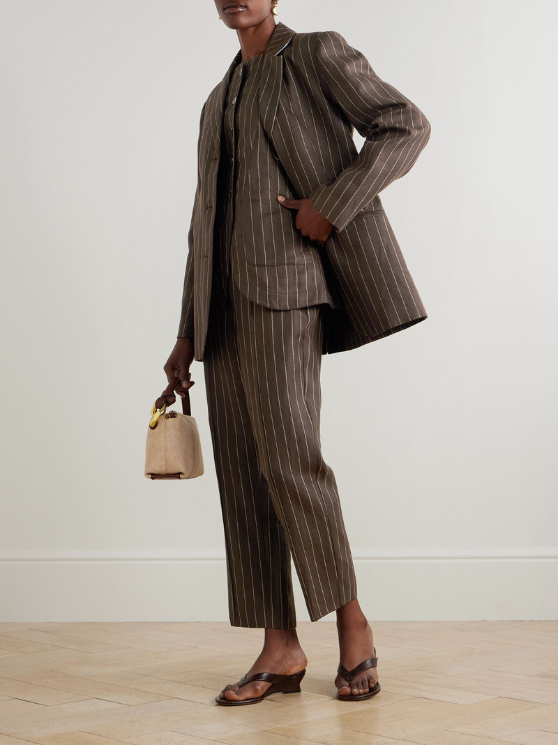 POSSE Leon pinstriped linen-twill blazer Dark brown outlook