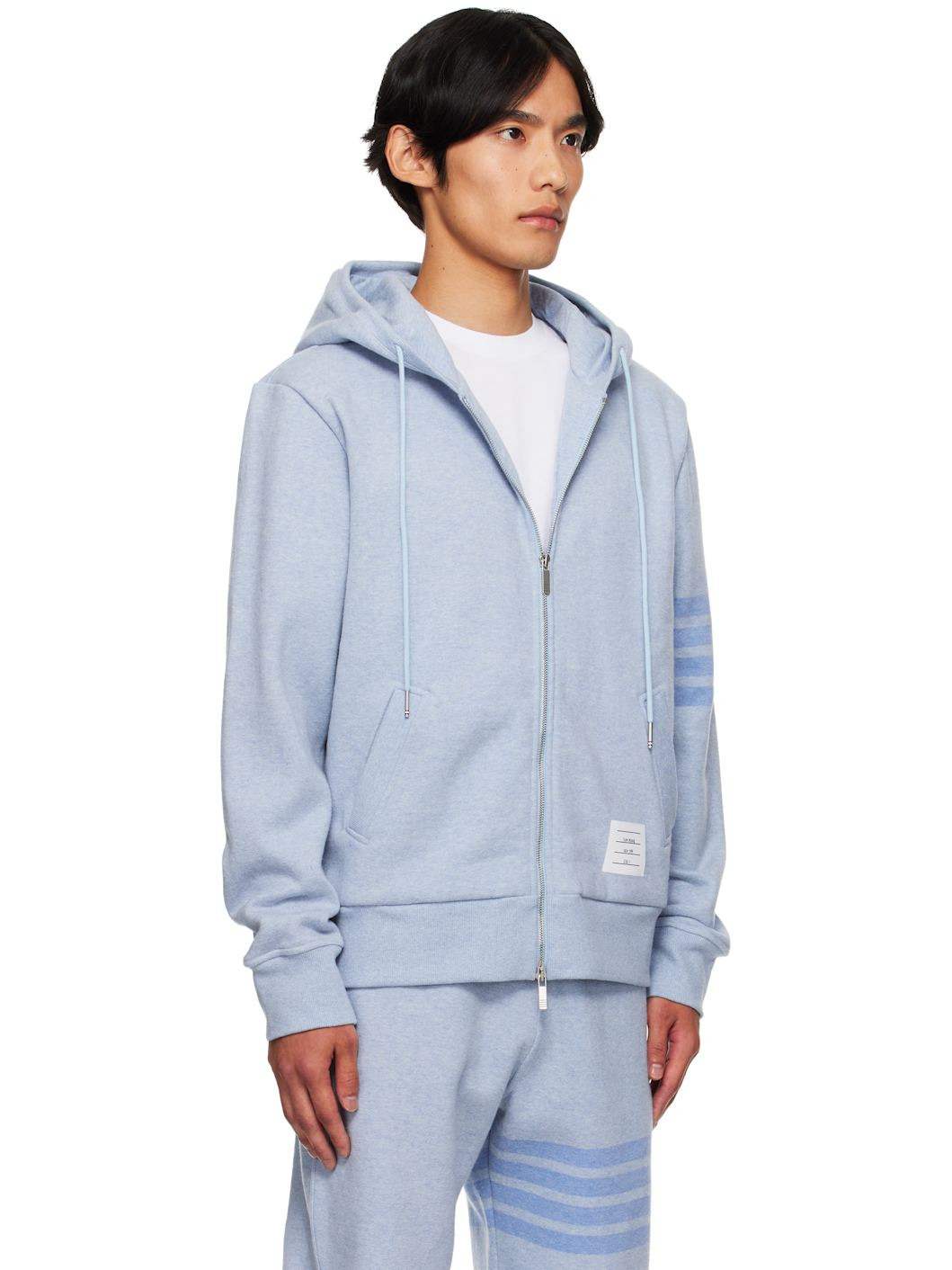 Blue Melange 4-Bar Zip Up Hoodie - 2