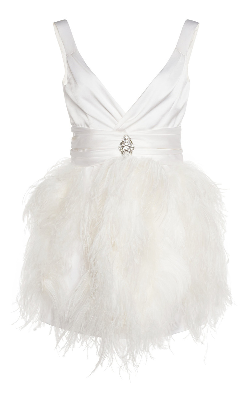 Feather-Embellished Silk Satin Mini Dress white 1