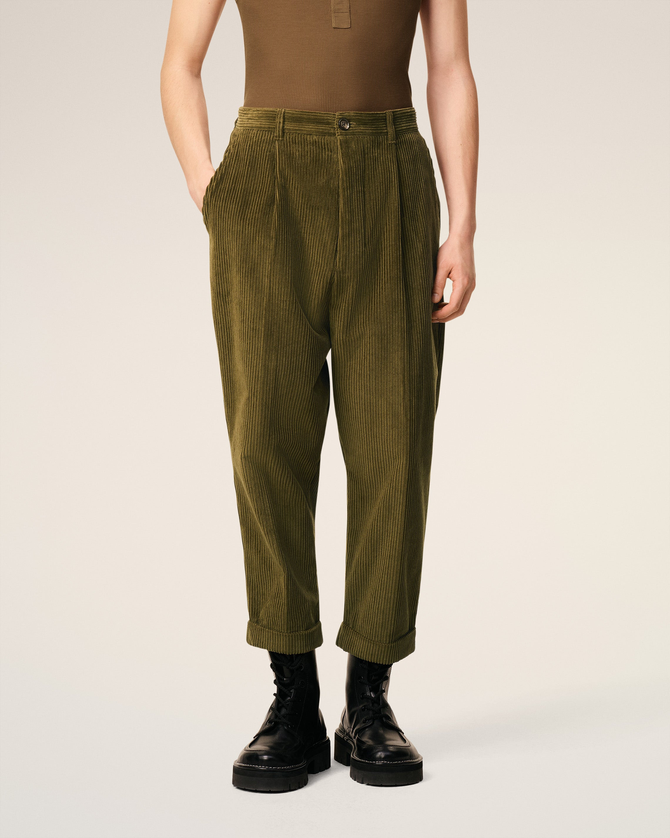 GREEN COTTON CARROT CORDUROY OVERSIZED TROUSERS - 3