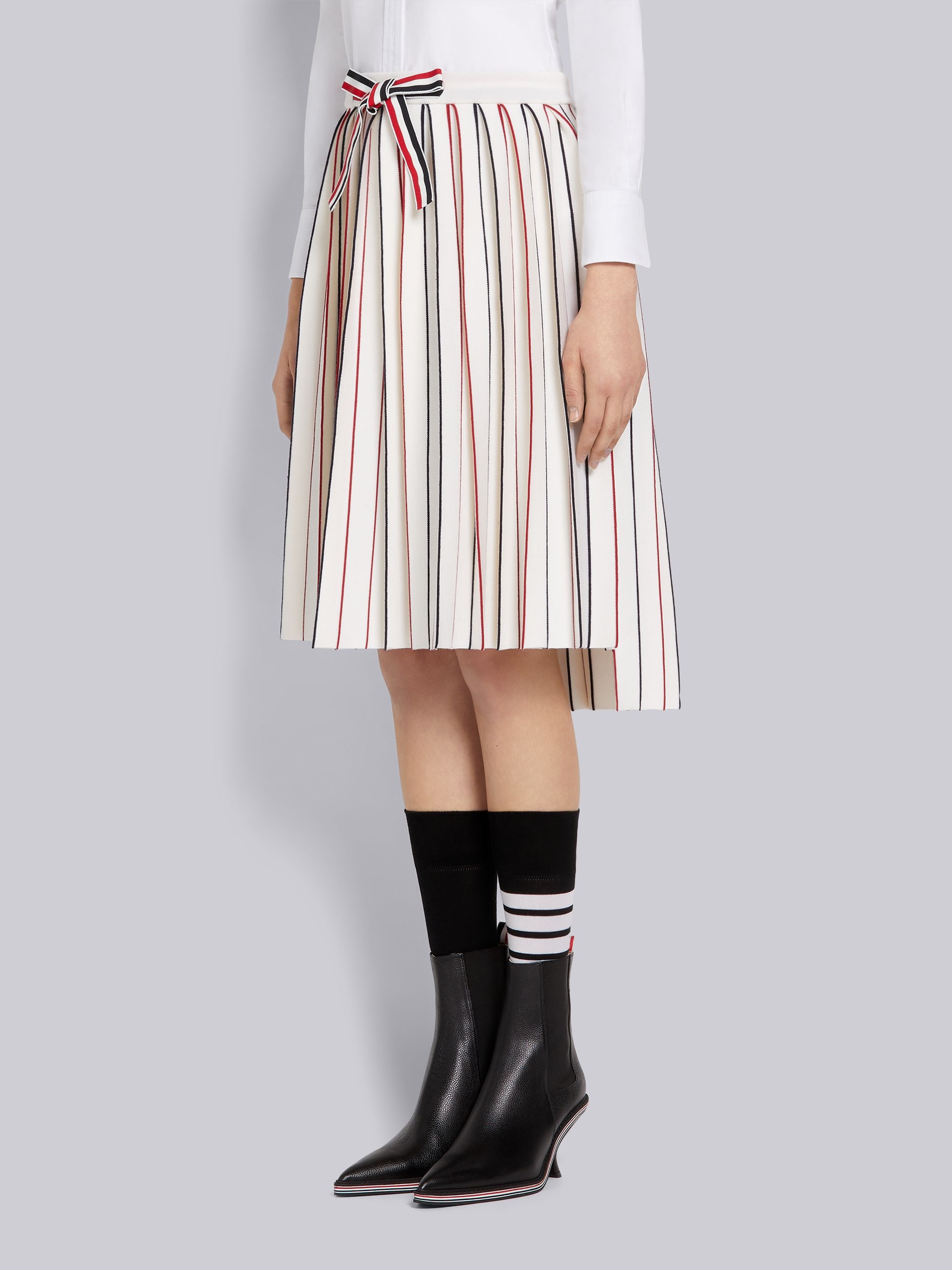 White Stretch Wool Knife Pleat Below-the-Knee Skirt - 2