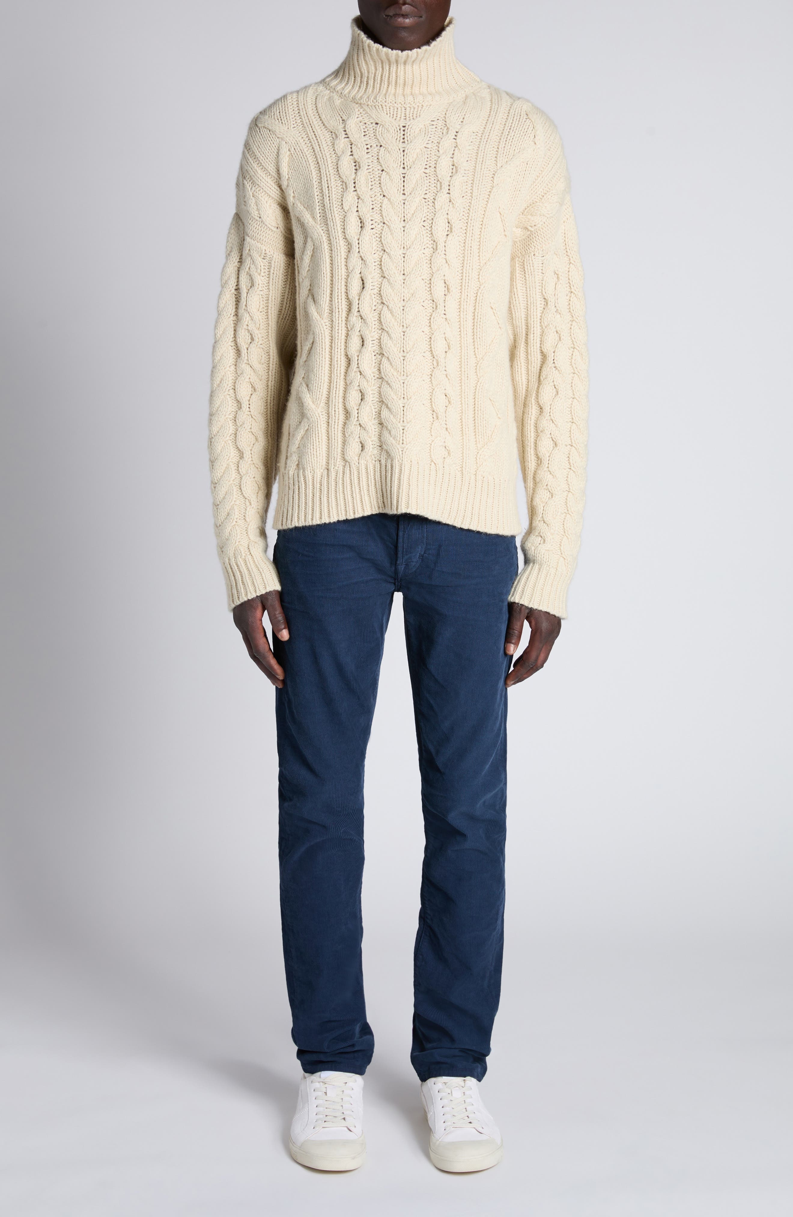 TOM FORD Cable Stitch Wool, Cashmere & Mohair Turtleneck Sweater in Aw102 Cream at Nordstrom - 2
