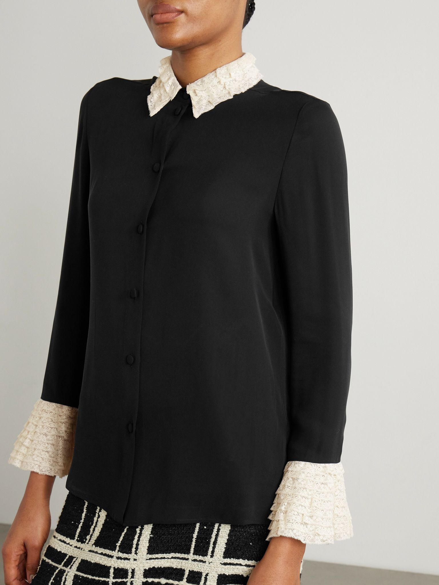 Lace-trimmed silk-georgette shirt Black - 3