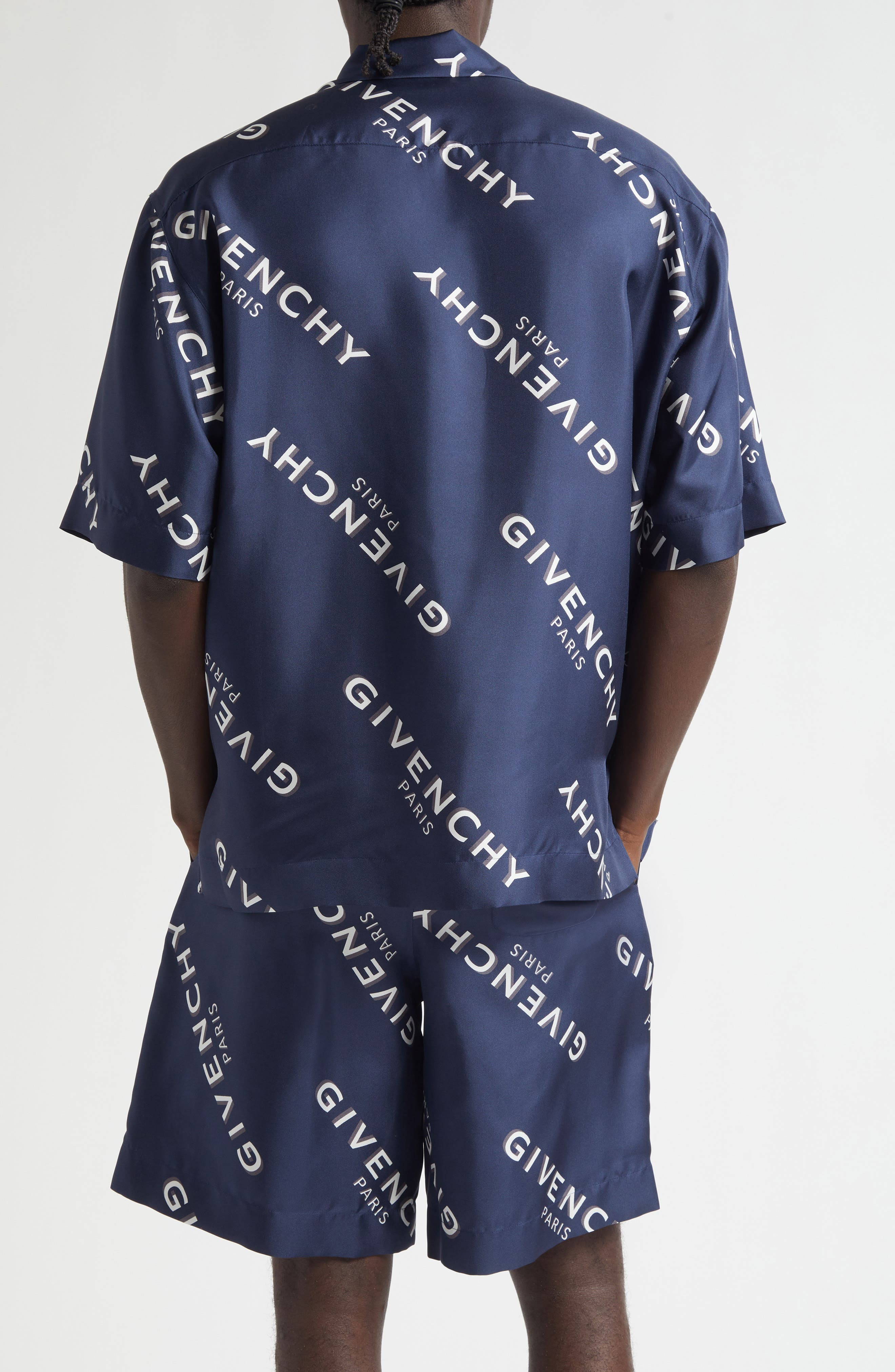 Givenchy Logo Print Silk Bowling Shirt in Navy at Nordstrom - 3