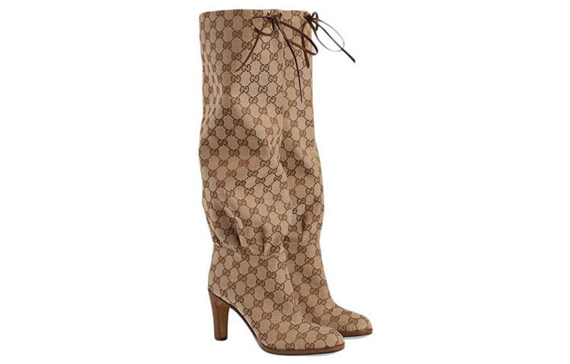 (WMNS) Gucci Lisa GG Canvas Mid-Heel Boots 'Beige Ebony' 551149-KY9V0-9770 2