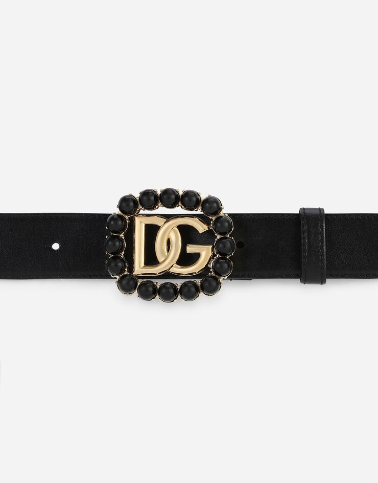 Calfskin belt with DG logo with black pearls - 3