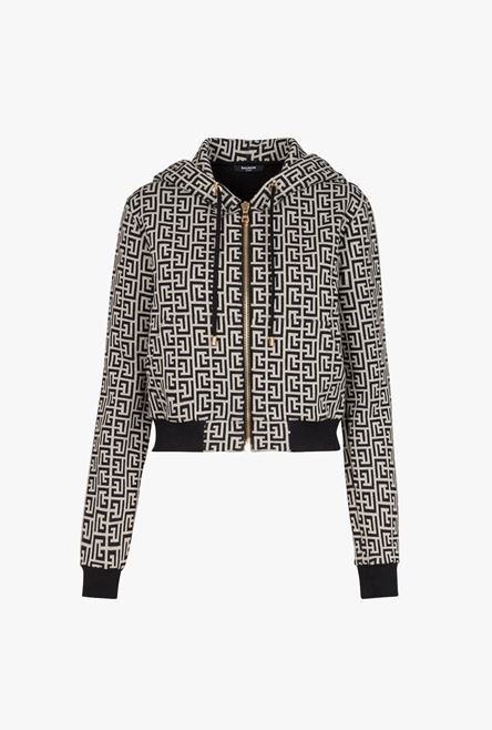 Cropped hooded cotton sweatshirt with ivory and black Balmain monogram - 1